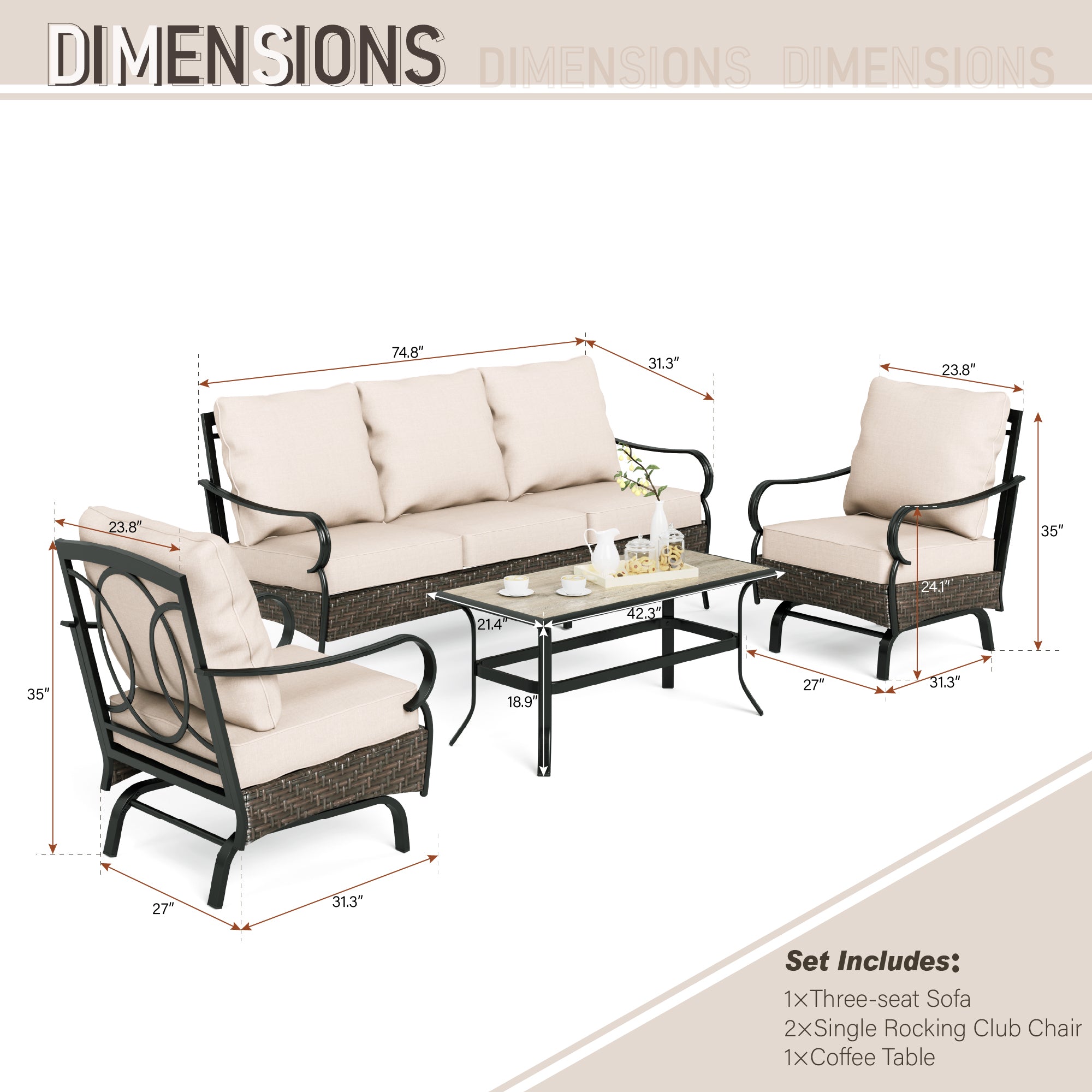 PHI VILLA 5-Piece Outdoor Patio Furniture Set - Thick Cushion Steel Rattan Sofa & Coffee Table - Weather-Resistant Conversation Set for Garden, Poolside, and Backyard Relaxation