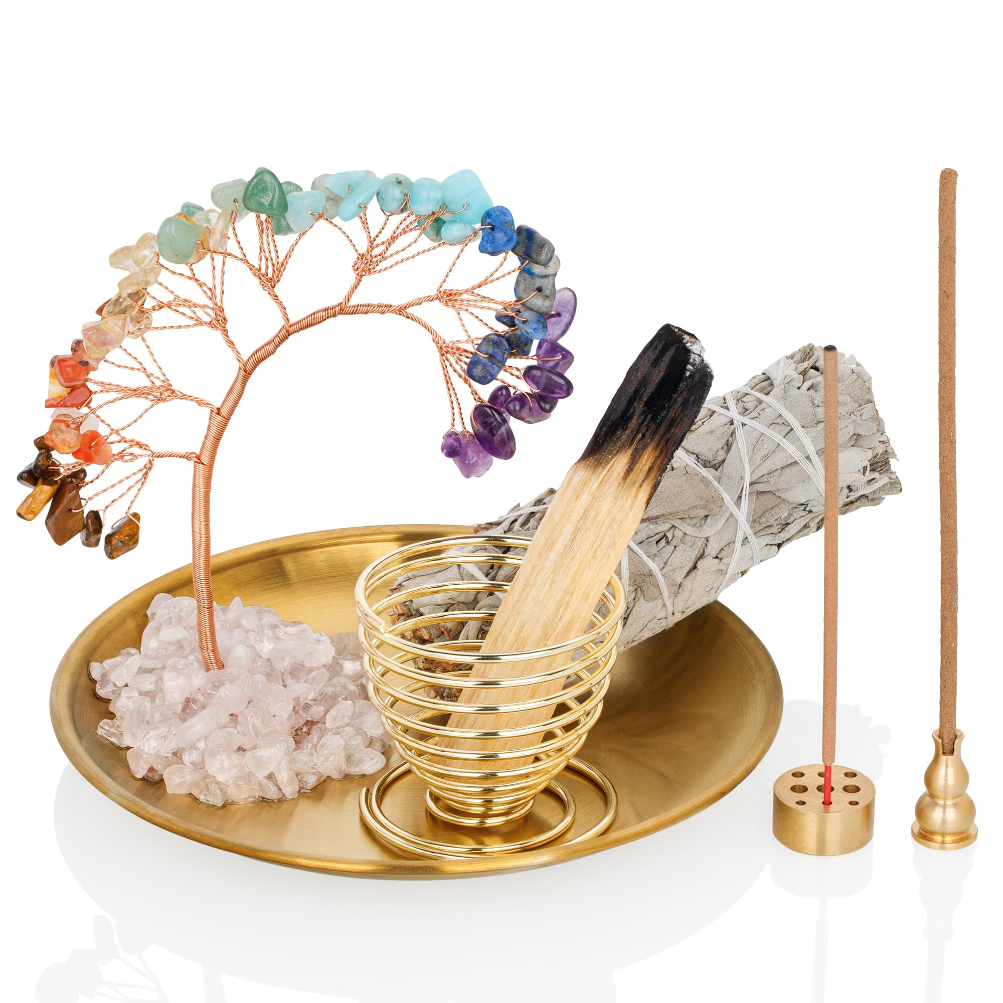 ZenBless 7 Chakra Crystal Tree Incense Holder - Palo Santo & Sage Burner with Brass Ash Catcher (5.5 inches) for Incense Sticks, Coils & Cones - Perfect for Yoga, Meditation, Spiritual Healing & Home Decor