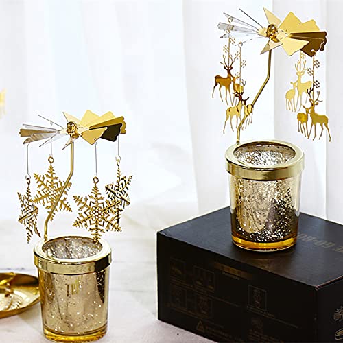 Rotating Gold Starlight Glass Christmas Candle Holders - Elegant Deer Design Candlestick for Wedding, Anniversary & Holiday Table Decor - Perfect for Christmas, Thanksgiving, Restaurant & Home Decoration