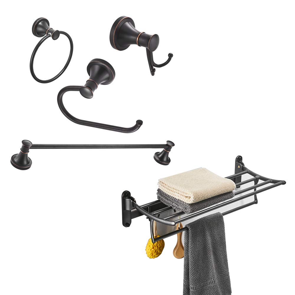 Premium Oil Rubbed Bronze 4-Piece Bathroom Accessory Set - Includes Towel Racks, Foldable Shelf with Towel Bar Holder & Hooks - Perfect for Modern Bathrooms, Guest Suites & Spa-Style Decor