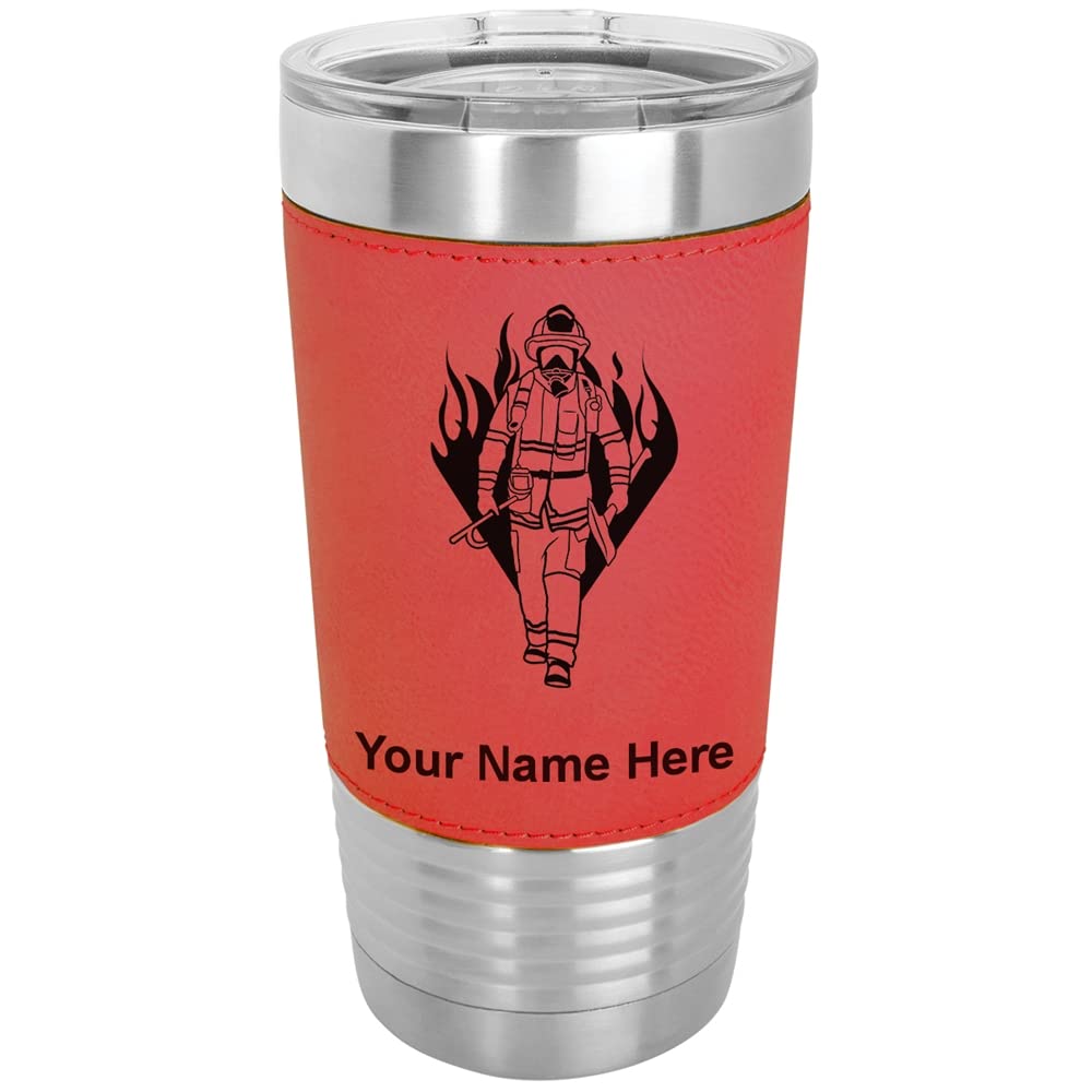LaserGram 20oz Vacuum Insulated Stainless Steel Tumbler Mug with Personalized Engraving - Fireman Design, Leakproof & Sweatproof, Keeps Drinks Hot/Cold for Hours - Perfect for Firefighters, Outdoor Activities, Office & Travel (Faux Leather Handle, Red)