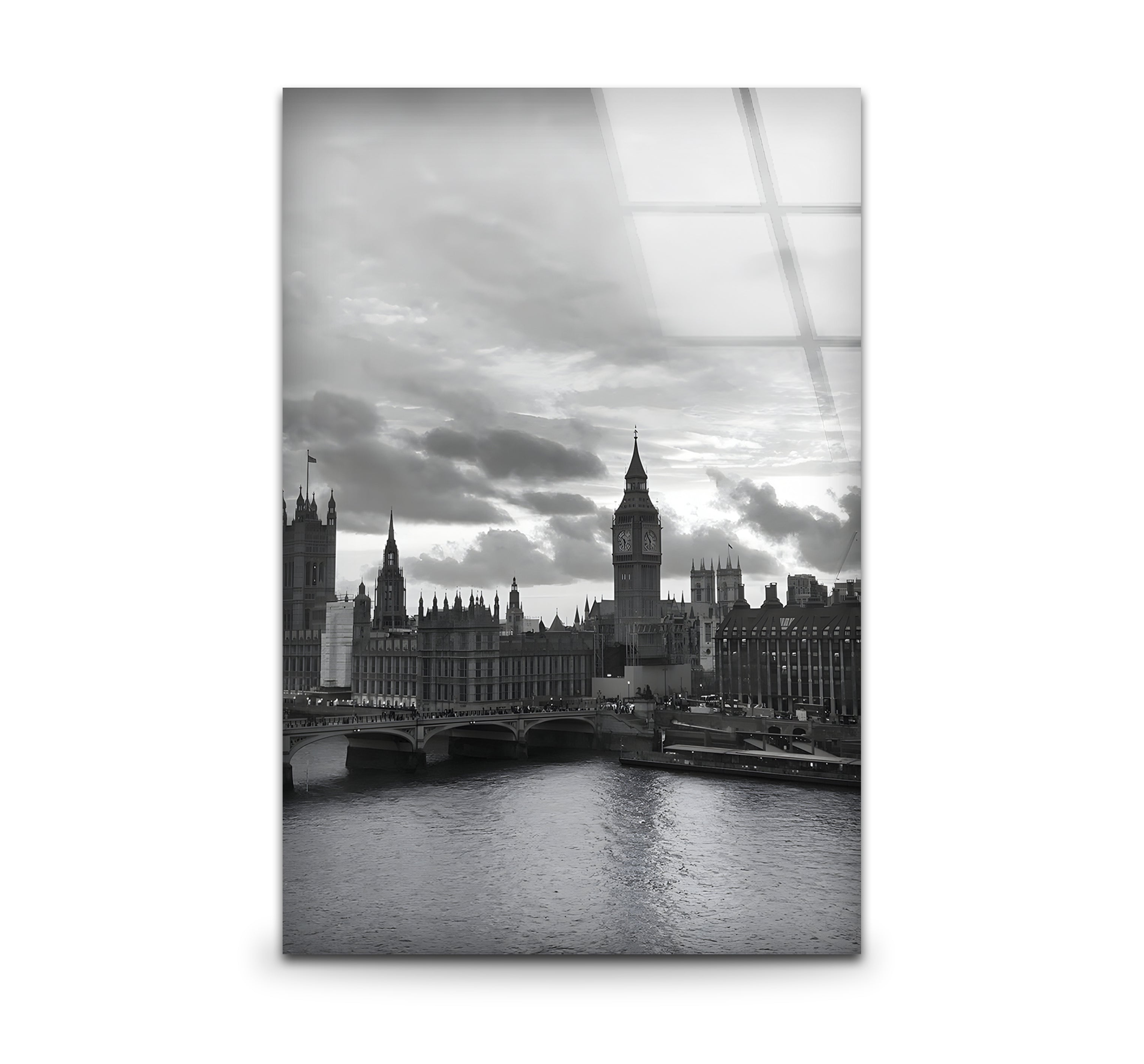 Black and White London Skyline Glass Wall Art - Elegant Cityscape Decor for Living Room, Office & Home