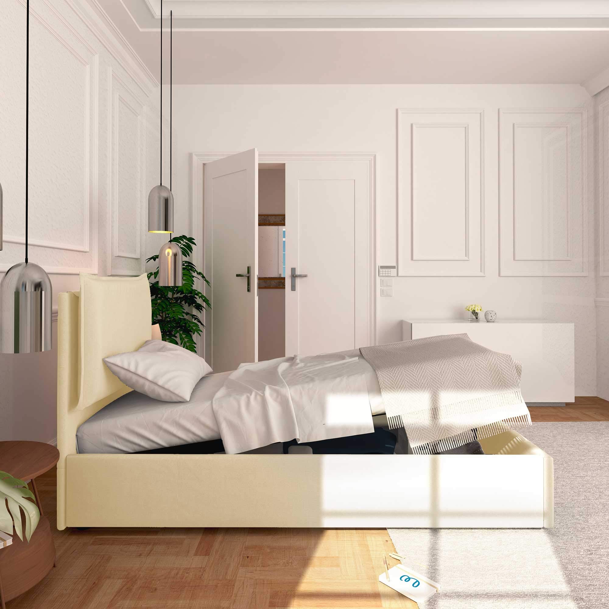 Baldiflex Single Bed with Storage, Licia Model, Synthetic Leather Upholstery, Slatted Base for Single Mattresses, 80 x 190 cm, Cream Color - Perfect for Small Bedrooms, Guest Rooms & Studio Apartments