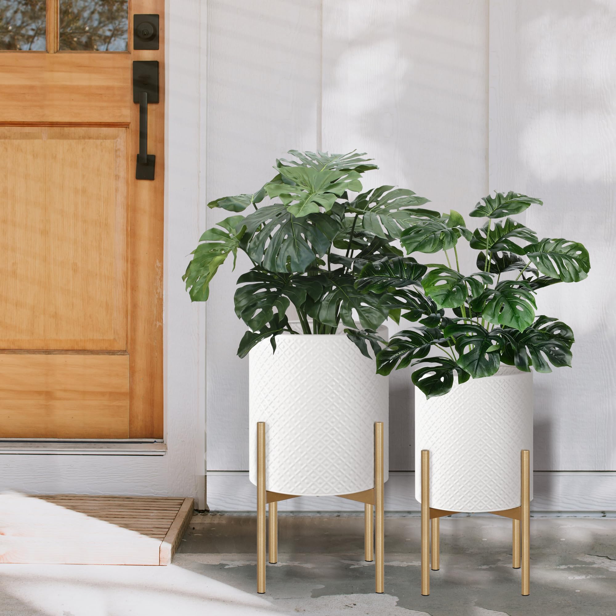 Oakrain Mid Century Modern Planters - Set of 2 Metal Indoor Plant Pots with Gold Stands (10