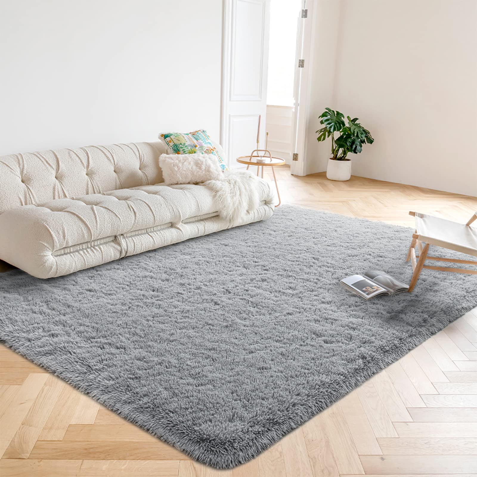 Ultra Soft Fluffy Shaggy Area Rug 5.3x7.5 Feet - Plush Nursery Carpet for Bedroom, Living Room, Kids Room - Non-Slip Floor Mat for Baby Girls & Boys - Grey Home Decor (Perfect for Cozy Spaces & Play Areas)