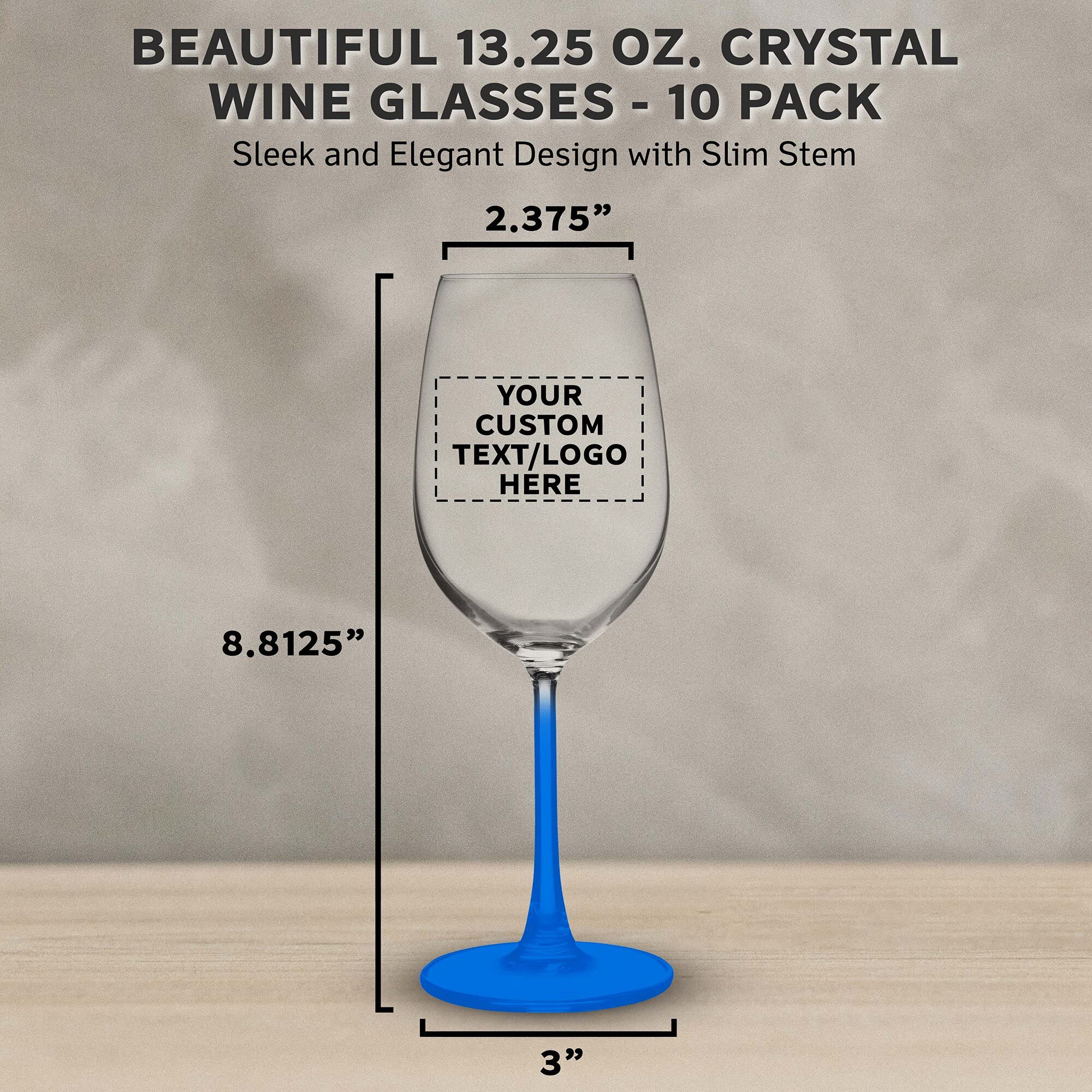 10-Piece Crystal Wine Glass Set - 13.25 oz Elegant Stemware with Custom Text/Logo - Lightweight Barware for Parties, Weddings & Home Entertaining - Blue