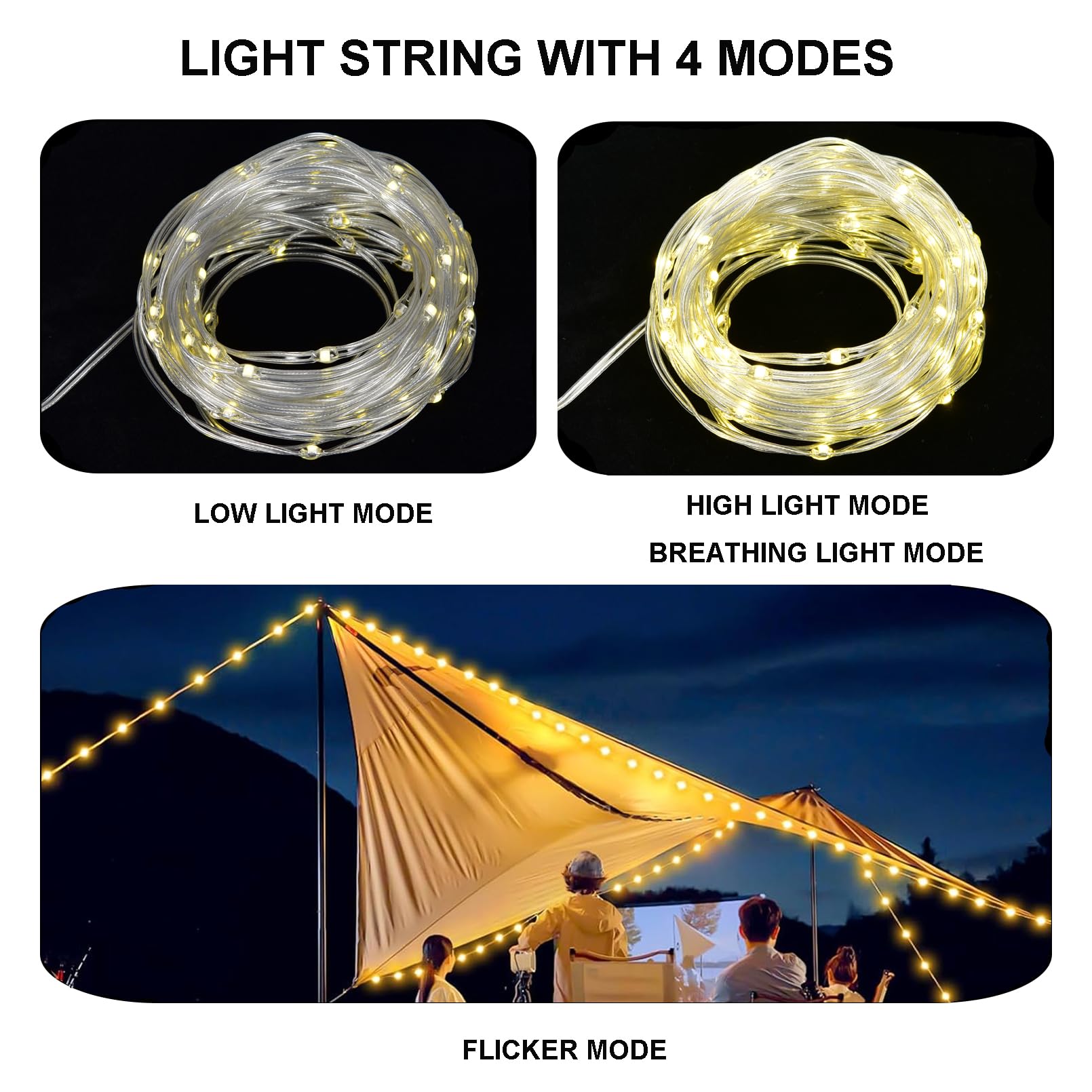 49.2FT Outdoor Camping String Lights - 8 Lighting Modes, IP44 Waterproof, USB-C Rechargeable with 4000mAh Power Bank | Perfect for Backyard Parties, Hiking, Camping & Holiday Decorations