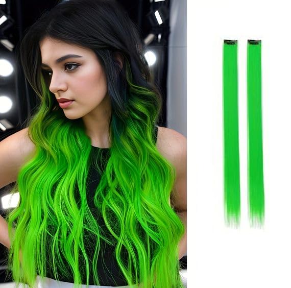 Baal Straight Color Hair Extensions - Green Hair Streaks & Highlights for Women & Girls (Set of 2) | Clip-in Hair Extensions for Parties, Cosplay & Fashion Styling