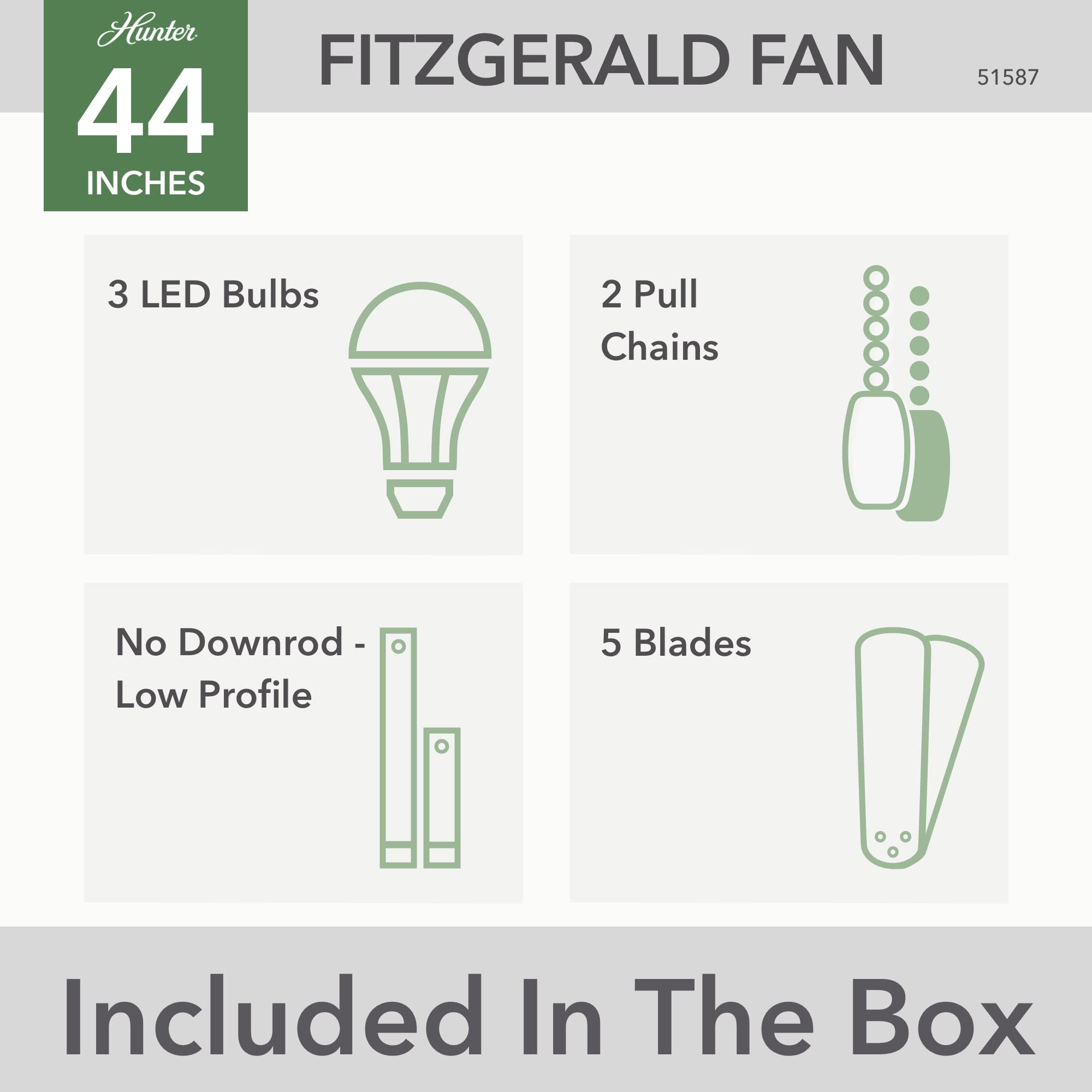 Hunter Fan Company 51587 Fitzgerald 44-Inch Indoor/Outdoor Ceiling Fan with LED Light Kit, Brushed Nickel Finish - Perfect for Bedroom, Living Room, Patio & Covered Porch