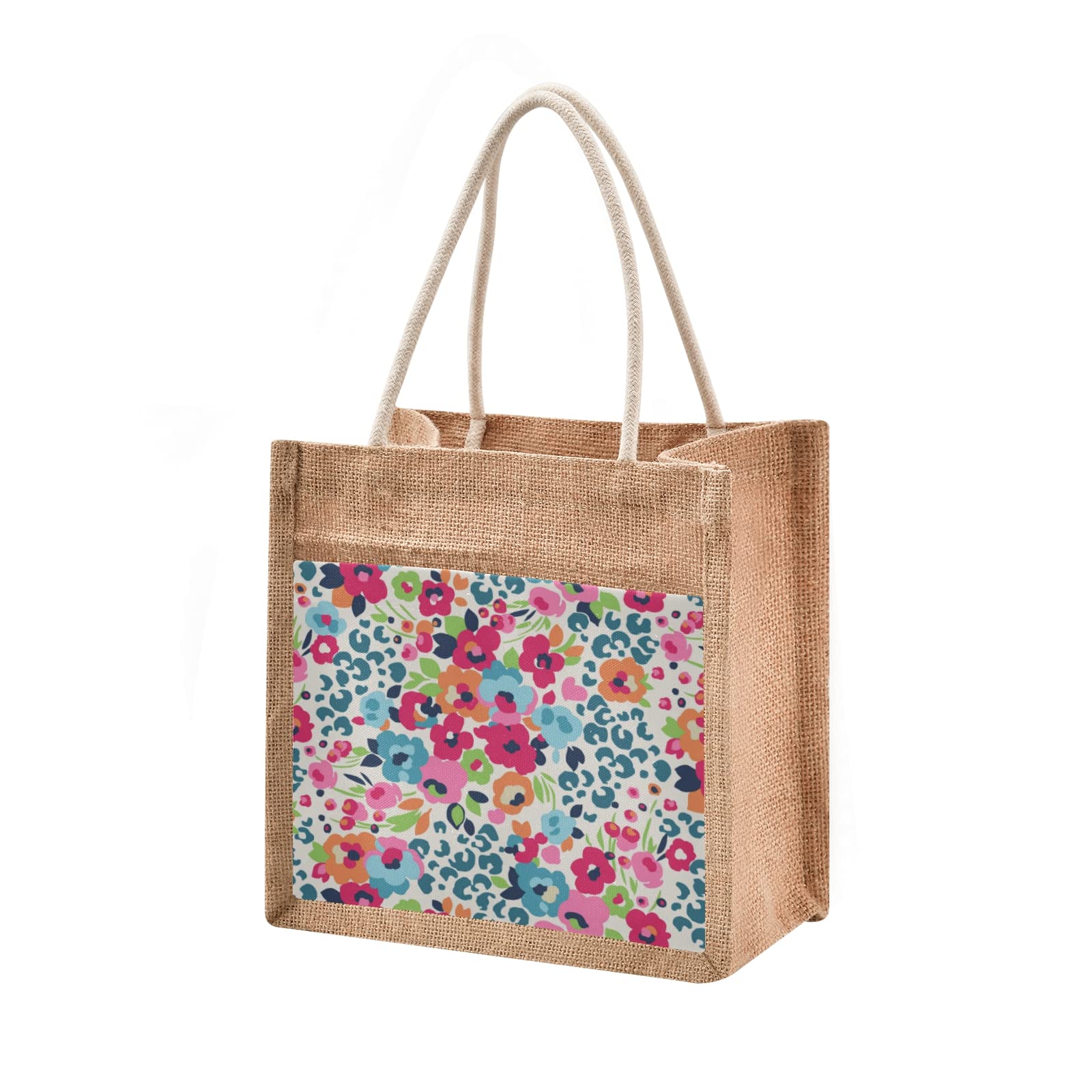 ALAZA Cute Flower Leopard Print Jute Tote Bag for Women - Eco-Friendly Grocery Shopping Bag with Sturdy Handles - Perfect for Outdoor Travel, Beach Trips & Farmers Market