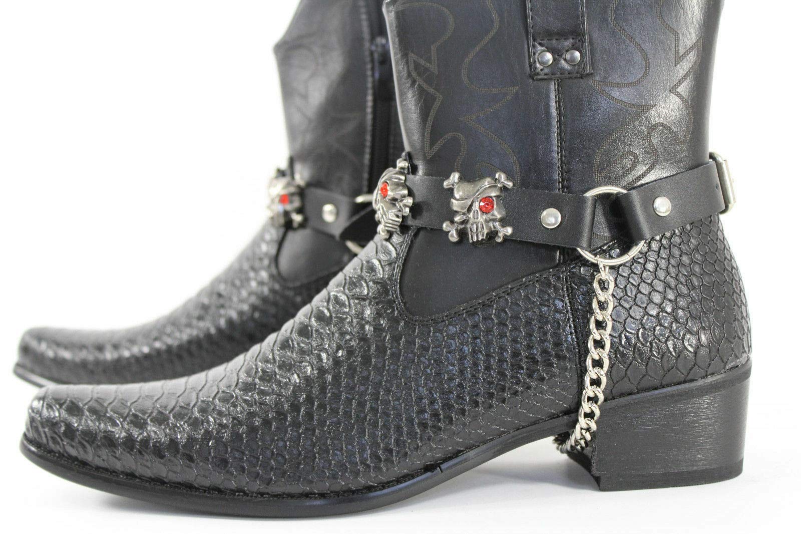 Men's Black Leather Biker Boot Bracelet with Silver Skull & Chain Straps - Chunky Statement Bangle Jewelry for Motorcycle Riders & Rock Fashion Enthusiasts