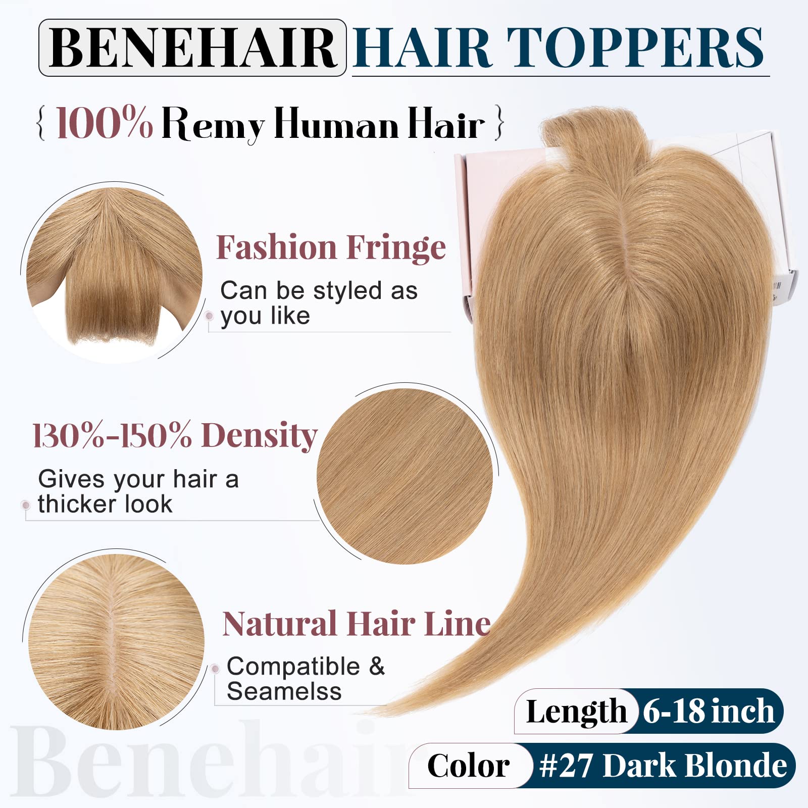 Benehair Clip-in Hair Topper with Bangs - 100% Human Hair Top Hairpiece for Women with Thinning Hair | 16 Inch 48g #27 Dark Blonde | Natural-Looking Fringe Bang Replacement Wiglet for Everyday Wear & Special Occasions