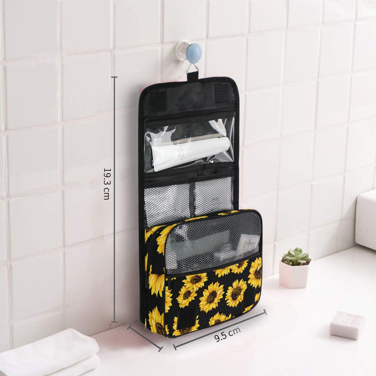 Sunflower Black Floral Hanging Toiletry Bag - Large Waterproof Cosmetic Organizer Pouch for Women & Girls | Travel, Gym, Makeup Storage & Daily Essentials