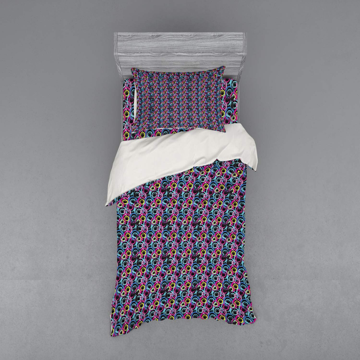 Ambesonne Grunge Bedding Set - Colorful Spiral Paintbrush Circles on Black Psychedelic Graffiti Duvet Cover, 3 Piece Set with Pillow Sham & Fitted Sheet, Twin Size, Multicolor - Perfect for Boho & Teen Bedrooms, Dorm Room Decor, Unique Gift Idea