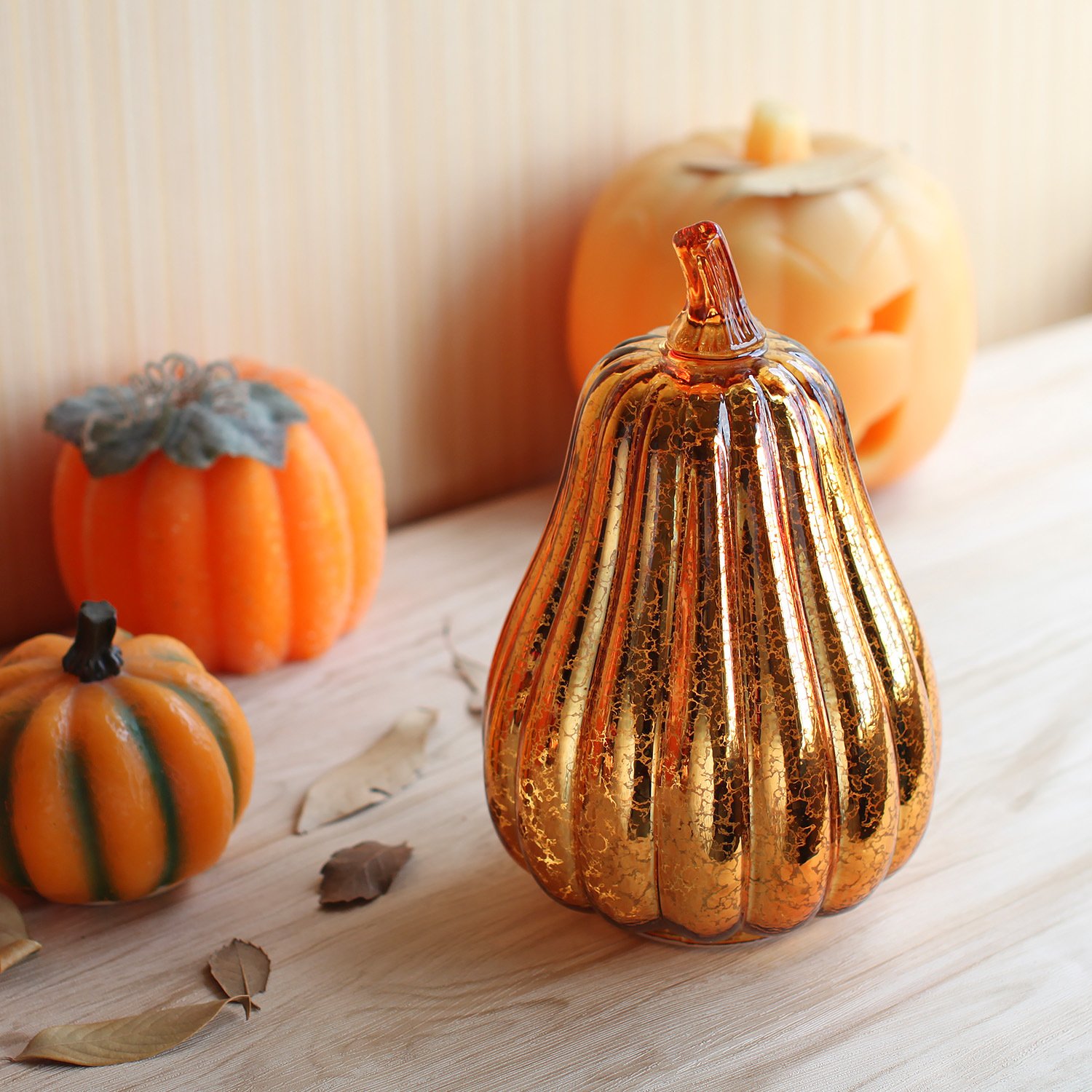 Romingo Mercury Glass Pumpkin Light with Timer - Gold Halloween Decor, Fall & Thanksgiving Decoration (8.7 Inch) - Perfect for Porch, Mantel, and Tabletop Displays