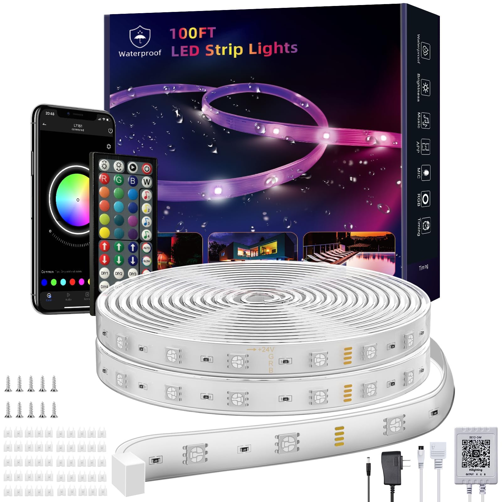 100ft (2x50ft) Outdoor LED Strip Lights Waterproof IP68 - RGB Color Changing with Remote & App Control, Music Sync, Weatherproof Exterior Rope Lights for House Party, Garden, Patio, Deck, and Pool Lighting