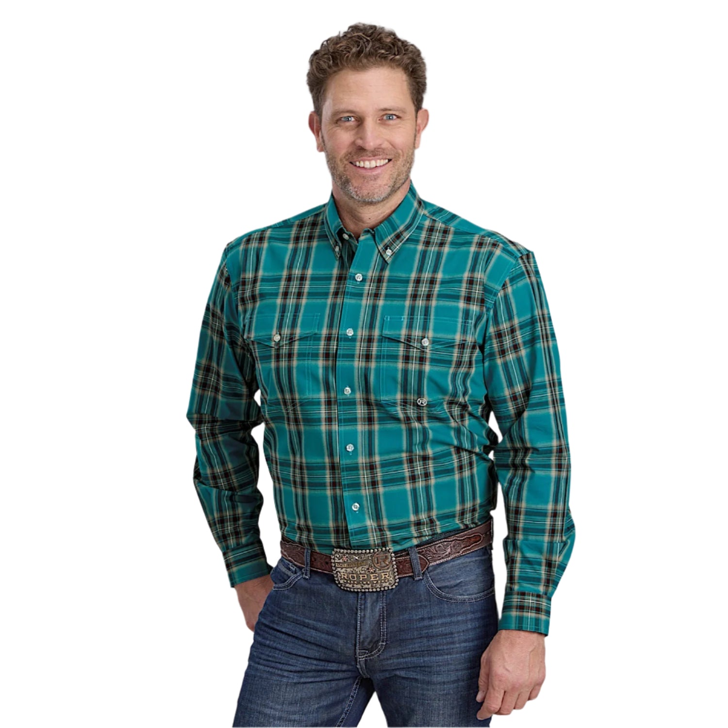 Roper Men's Amarillo Collection Western Shirt - Green Plaid Long Sleeve Button Up for Cowboy, Ranch Work & Casual Wear
