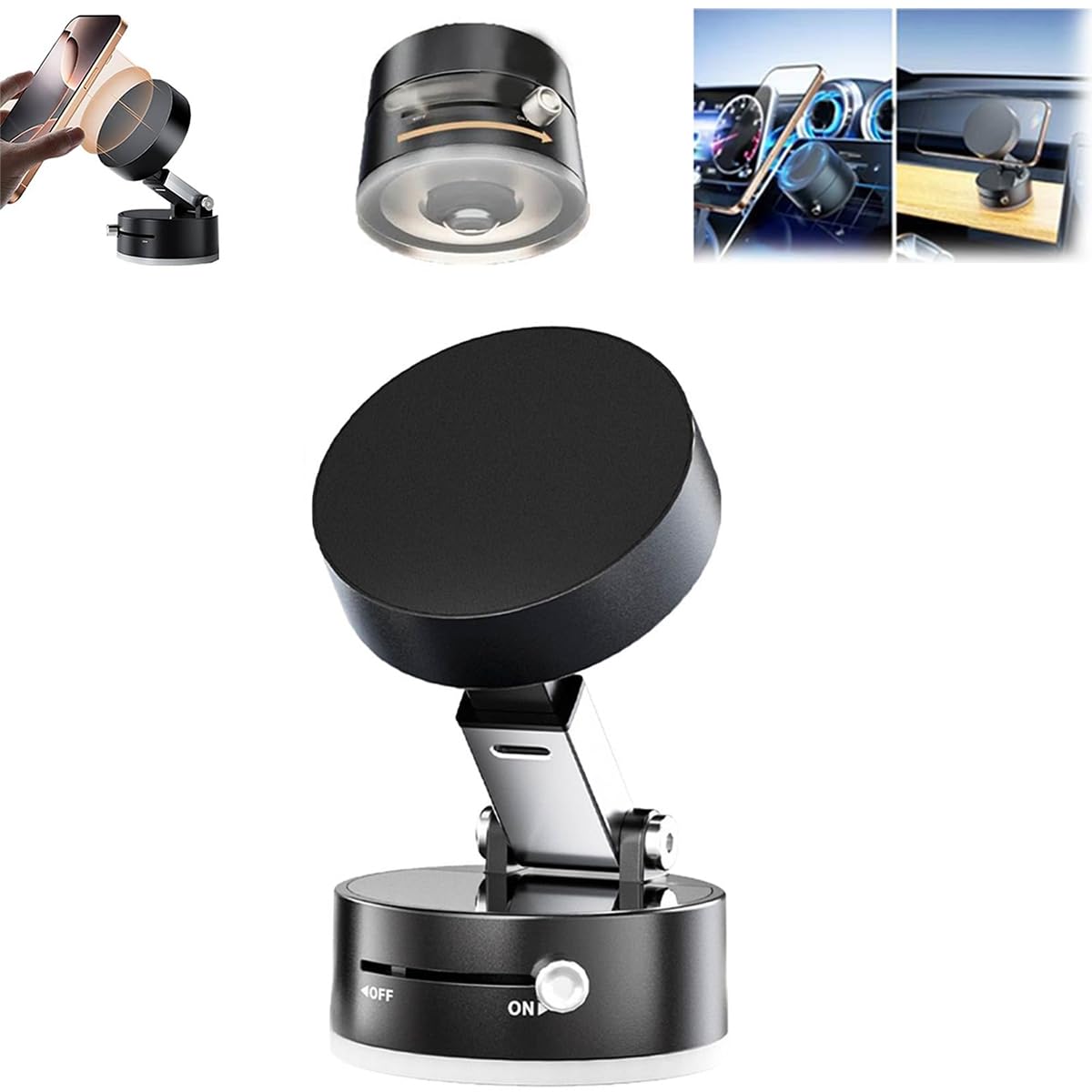 360° Foldable Magnetic Vacuum Phone Holder - Strong Electric Suction Car Mount with Double-Sided Swivel Stand | Hands-Free for Car, Office, Gym & Kitchen | Universal for iPhone, Samsung & Smartphones (Black) - Perfect for Driving, Cooking & Workouts