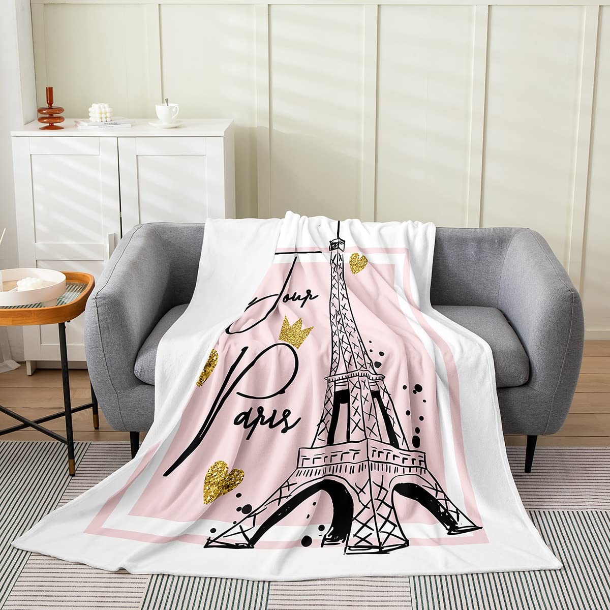 Eiffel Tower All-Season Fleece Throw Blanket - Pink Paris Cityscape Plush Blanket for Kids, Boys & Girls - Soft Microfiber Flannel Blanket 90