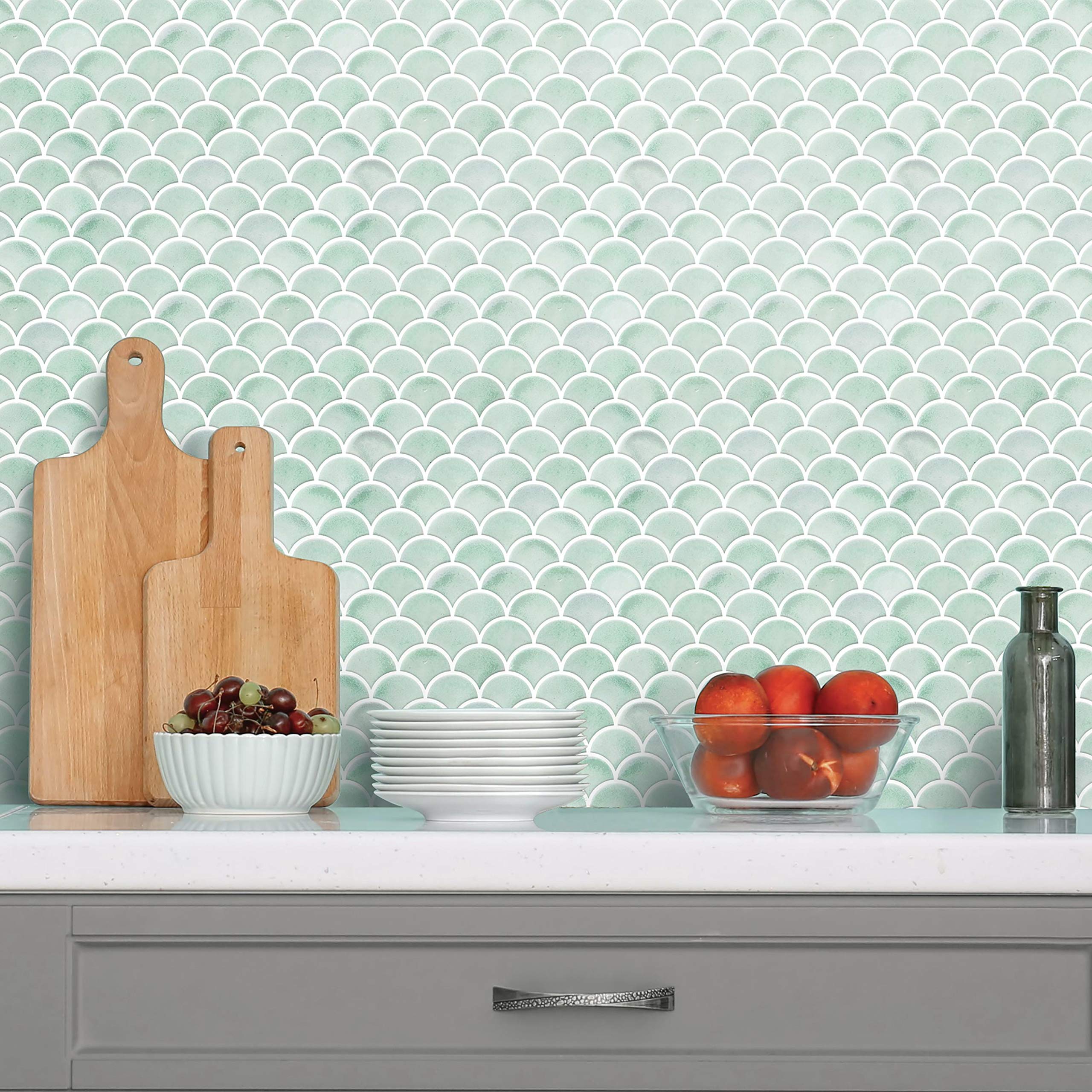 RoomMates TIL4571FLT Aqua Scallop Peel and Stick Tile Backsplash - Self-Adhesive Waterproof Wall Decals for Kitchen, Bathroom, Laundry Room & Home Decor