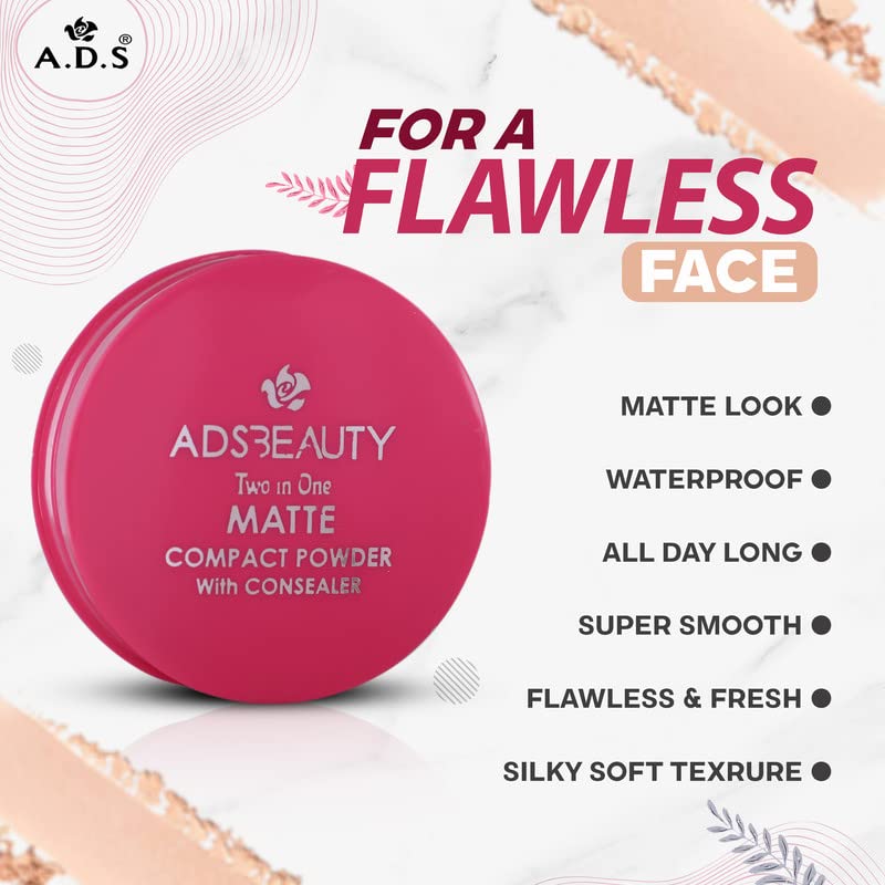 ADS Beauty 2-in-1 Matte Compact Powder & Concealer - Oil Control, Full Coverage Makeup for Flawless Skin | Perfect for Daily Use & On-the-Go Touch Ups