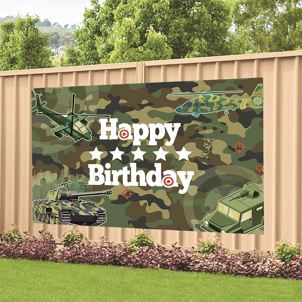 Camo Happy Birthday Backdrop Decorations - 70.8 x 47.2 Inch Camouflage Birthday Banner for Army Military Theme Party | Perfect for Indoor Outdoor Birthday Decor, Photo Booth Background & Home Celebration Supplies