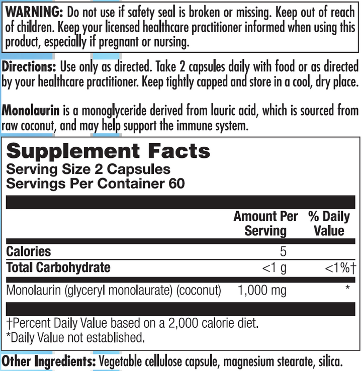 Monolaurin 120 Capsules - Immune Support Supplement for Adults & Kids - Natural Lauric Acid Boost - Great for Daily Wellness & Travel