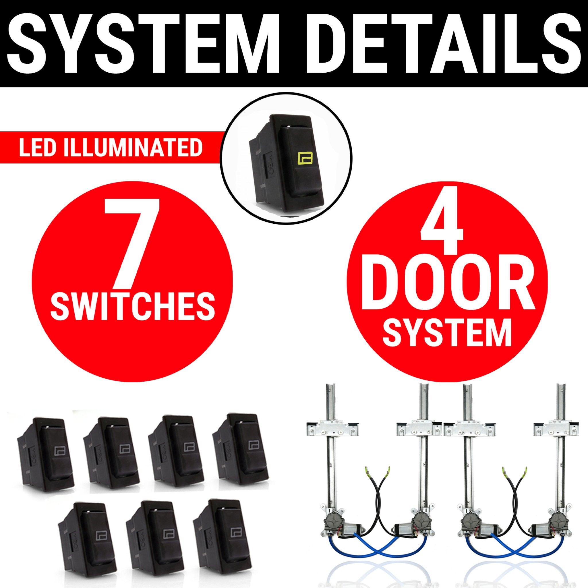1903 Rambler Model E 4 Door Power Window Conversion Kit - Flat Glass with Switches & Wiring Harness - Easy DIY Installation for Classic Car Restoration