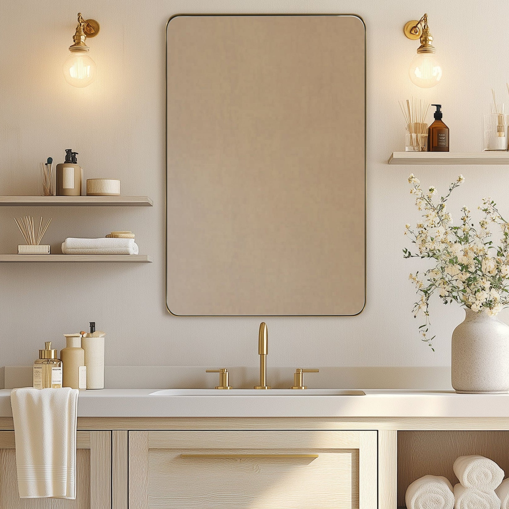 Modern Rounded Rectangle Bathroom Mirror with Stainless Steel Frame - Perfect for Vanity, Wall Decor & Home Decoration