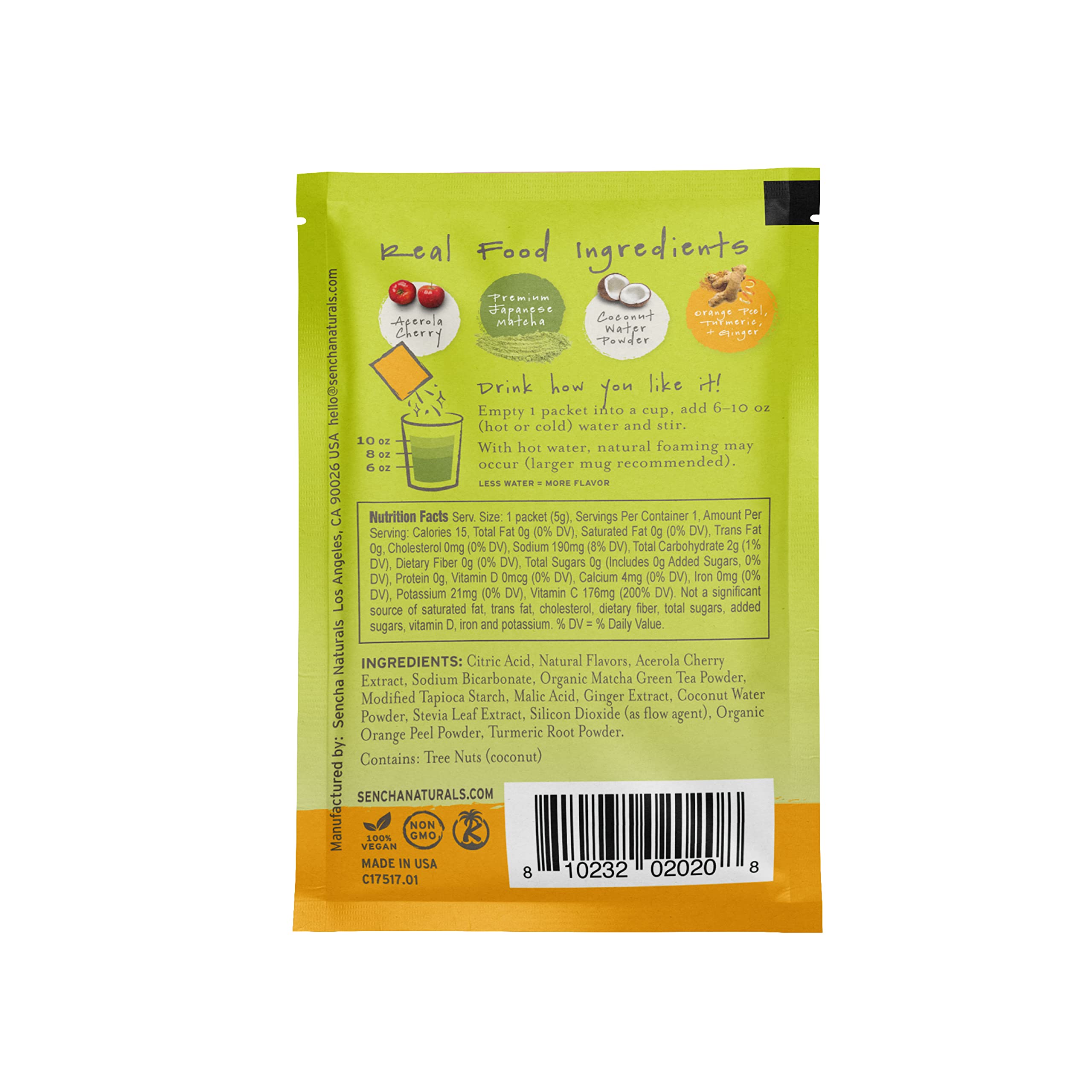 SEN CHA Naturals Citrus Ginger Green Tea with Vitamin C - Effervescent Drink Mix with Japanese Matcha Powder, Acerola Cherry & Coconut Water - Immune Support & Energy Boost - Pack of 10 - Perfect for Morning Refreshment & Workout Recovery