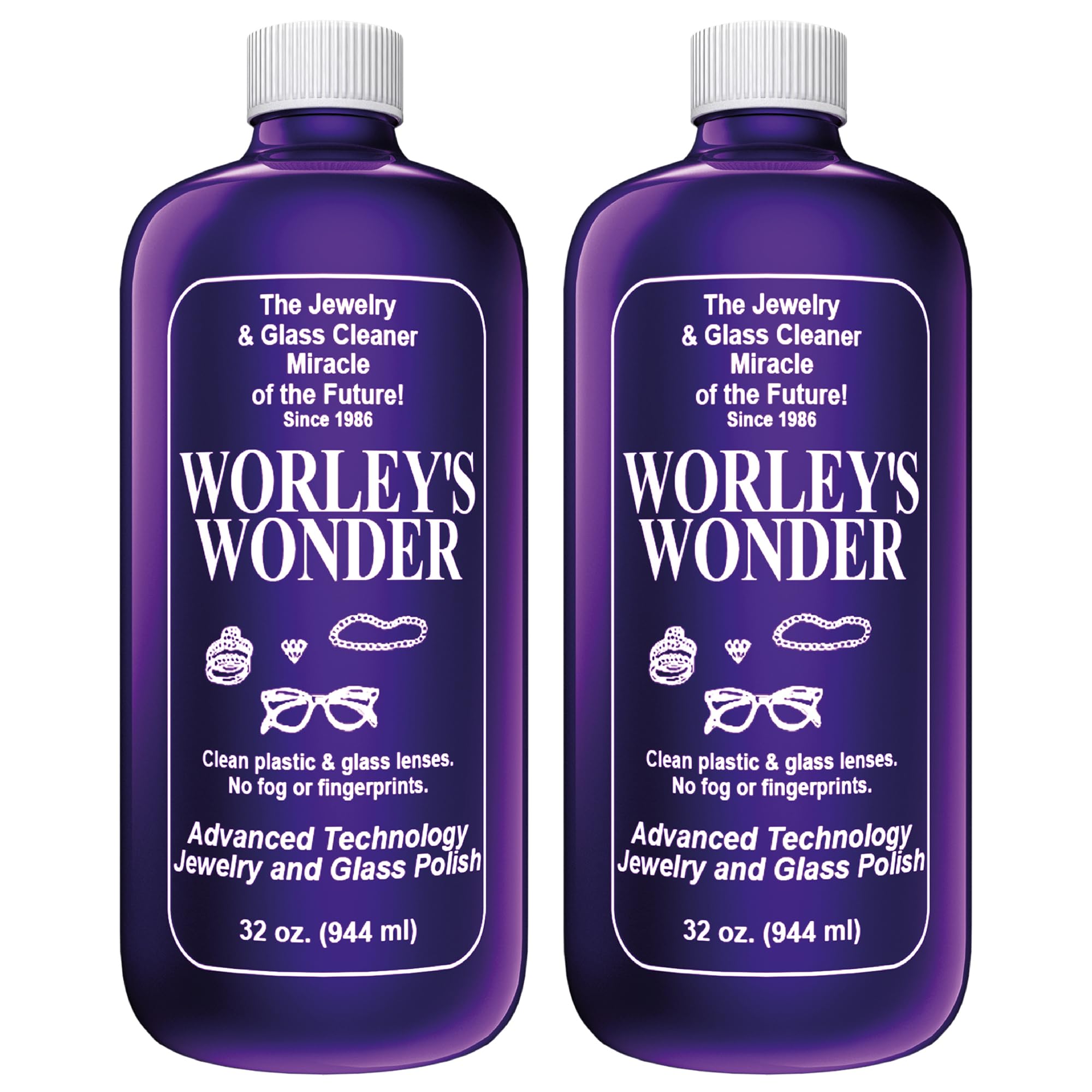 Worley's Wonder Jewelry & Glass Cleaner Spray - Safe for Gold, Silver, Diamonds, Gemstones, Glass, Marble & Electronics | 32oz Refill Bottle (Pack of 2) | Perfect for Cleaning Rings, Necklaces, Watches, Eyeglasses & Smartphone Screens