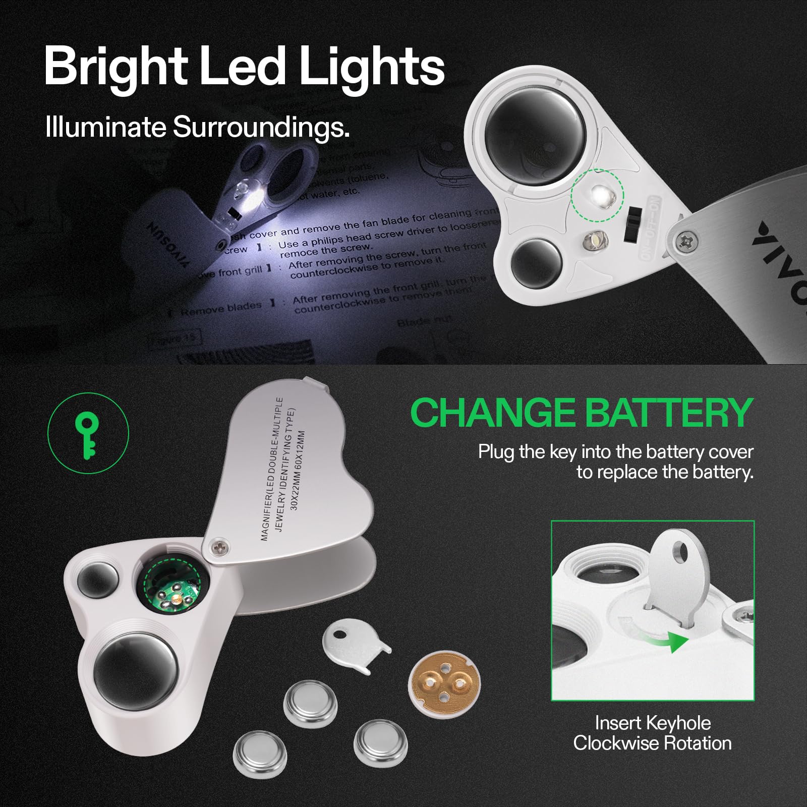 VIVOSUN 2-Pack 30X 60X Illuminated Jewelers Loupe with LED Light - Foldable Magnifying Glass for Jewelry, Gems, Watches, Coins & Stamp Collecting - Perfect for Hobbyists, Antique Appraisals & Close Inspection Work