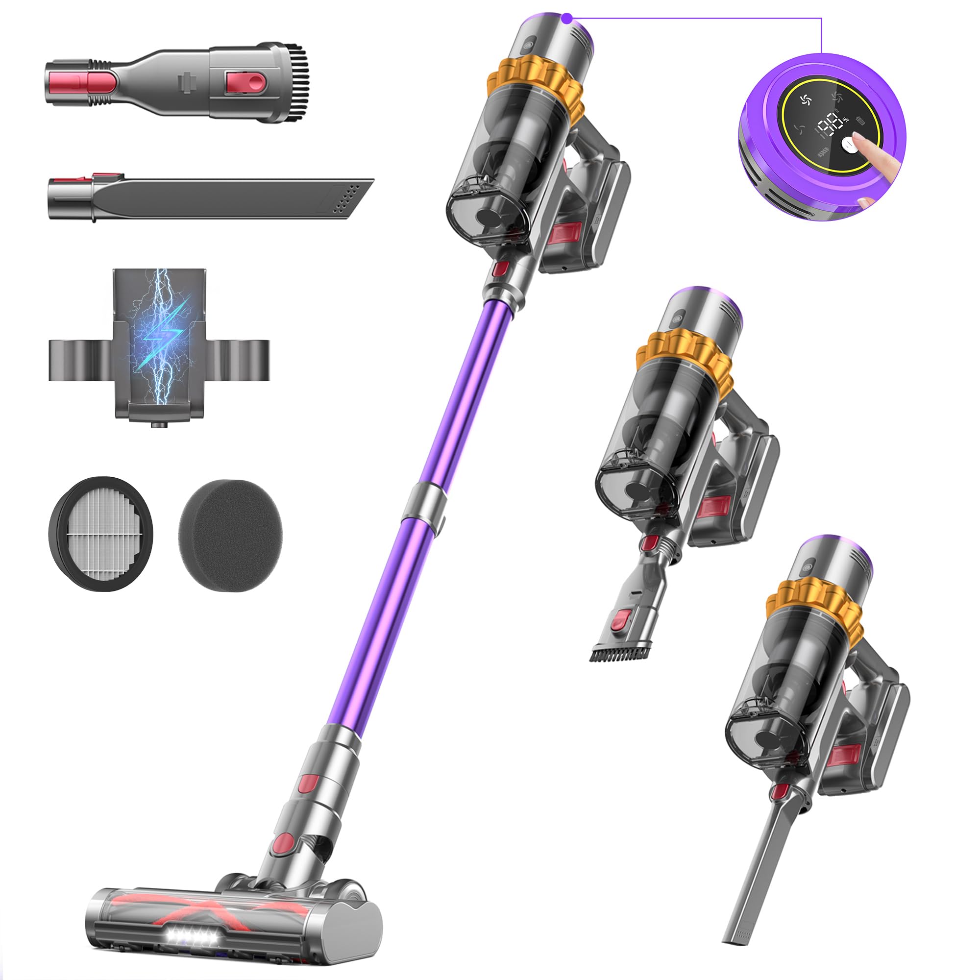 Powerful Cordless Vacuum Cleaner - 550W/45Kpa Suction, 70 Min Runtime, LED Display, Wall Mount Charging, 1.6L Dust Cup, Anti-Tangle Technology - Rechargeable Stick Vacuum for Pet Hair, Carpet & Hard Floors - Perfect for Home Cleaning & Pet Owners