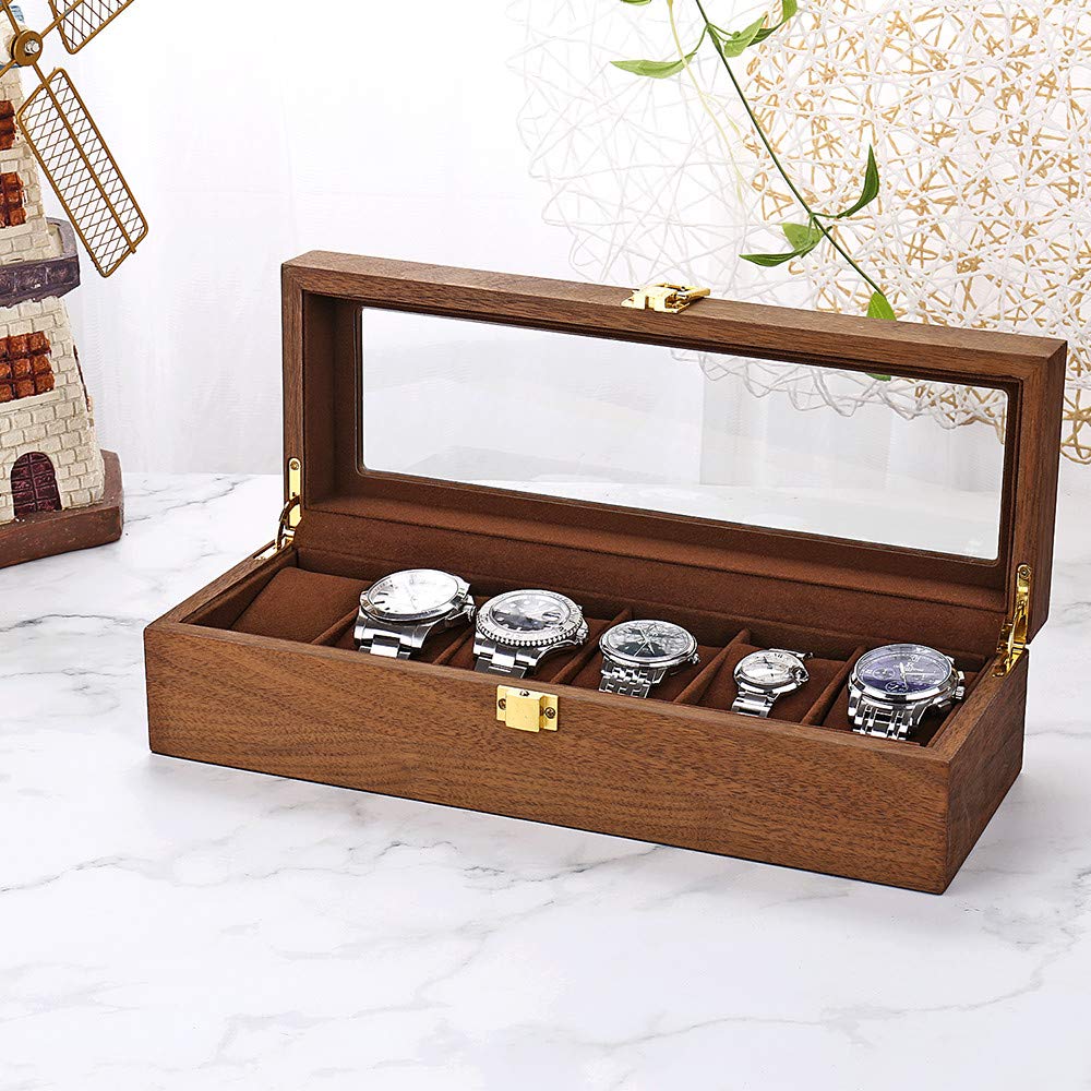LESTAR 6-Slot Wooden Watch Box with Glass Top - Executive Watch Case & Jewelry Organizer for Men, Valet Tray & Display Storage - Perfect for Travel, Gifts & Home Decor