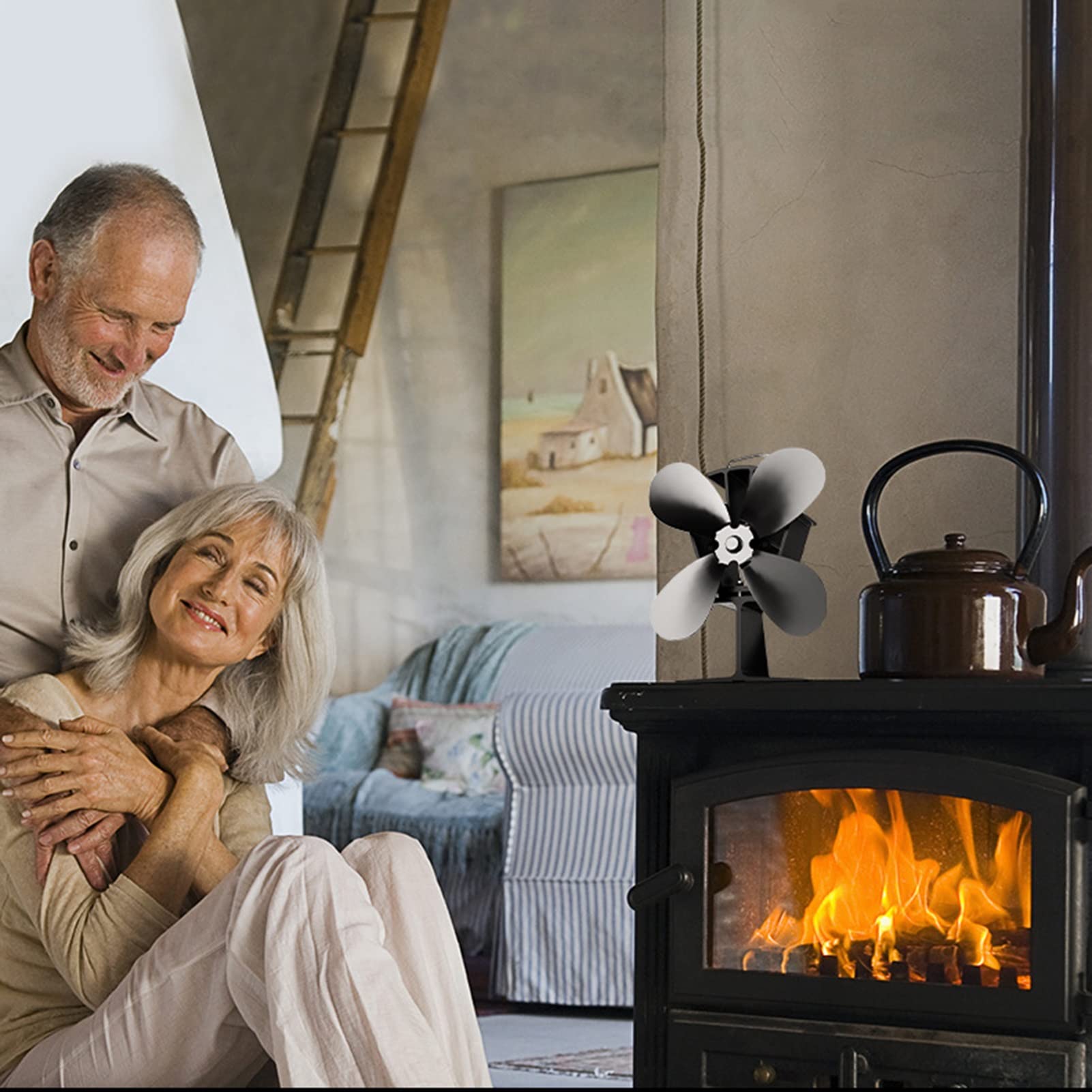 DYK&NX 4-Blade Silent Heat Powered Stove Fan - Large Airflow Wood Burner Fan for Fireplace, Log Burner & Stove - Eco-Friendly Heating Accessory for Home, Cabin & Camping Use