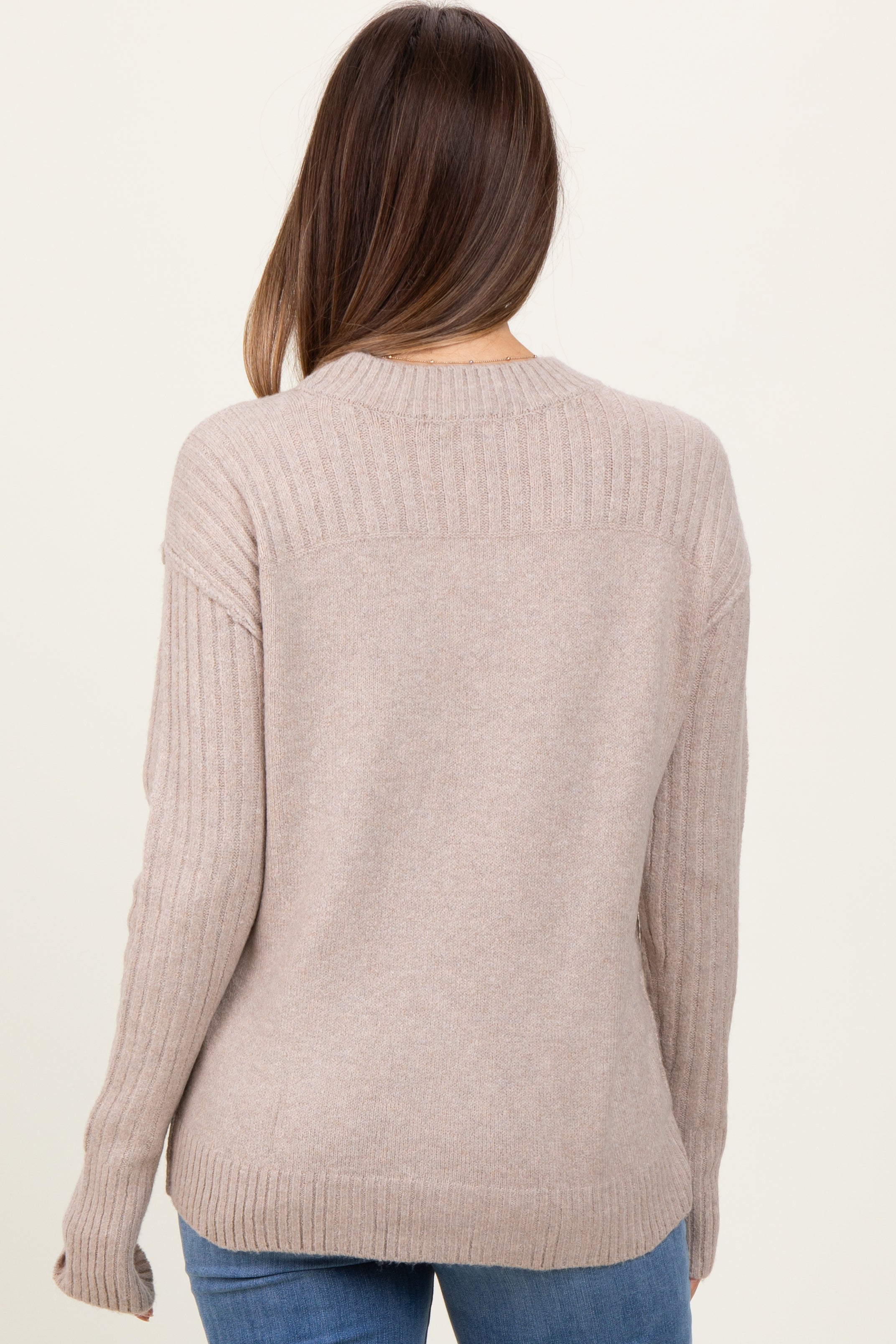 Soft Beige Maternity Sweater for Women - Long Sleeve Knit Top with Raised Seam Detail | Perfect for Pregnancy Comfort, Nursing & Casual Outfits
