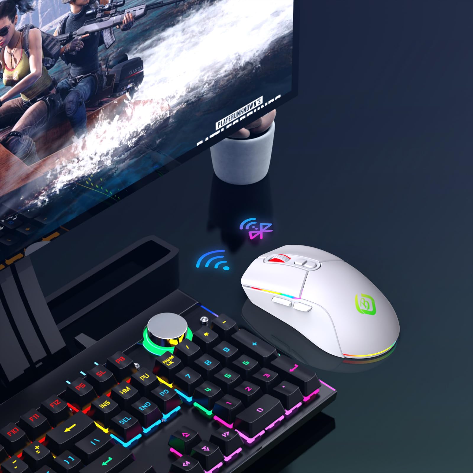 JYCSTE Wireless Gaming Mouse, Dual Mode 2.4GHz/Bluetooth 5.1, RGB Backlit Ergonomic Mouse with 6 Buttons, Rechargeable Computer Mouse for PC, Mac, Laptop (White) - Perfect for Gaming, Office Work, and Home Use