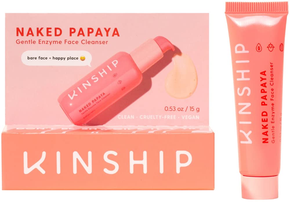 Kinship Naked Papaya Gentle Enzyme Face Cleanser - Travel Size Mini (0.53 oz / 15 g) | Exfoliating & Brightening Facial Wash for Sensitive Skin | Perfect for On-the-Go Skincare & TSA Travel