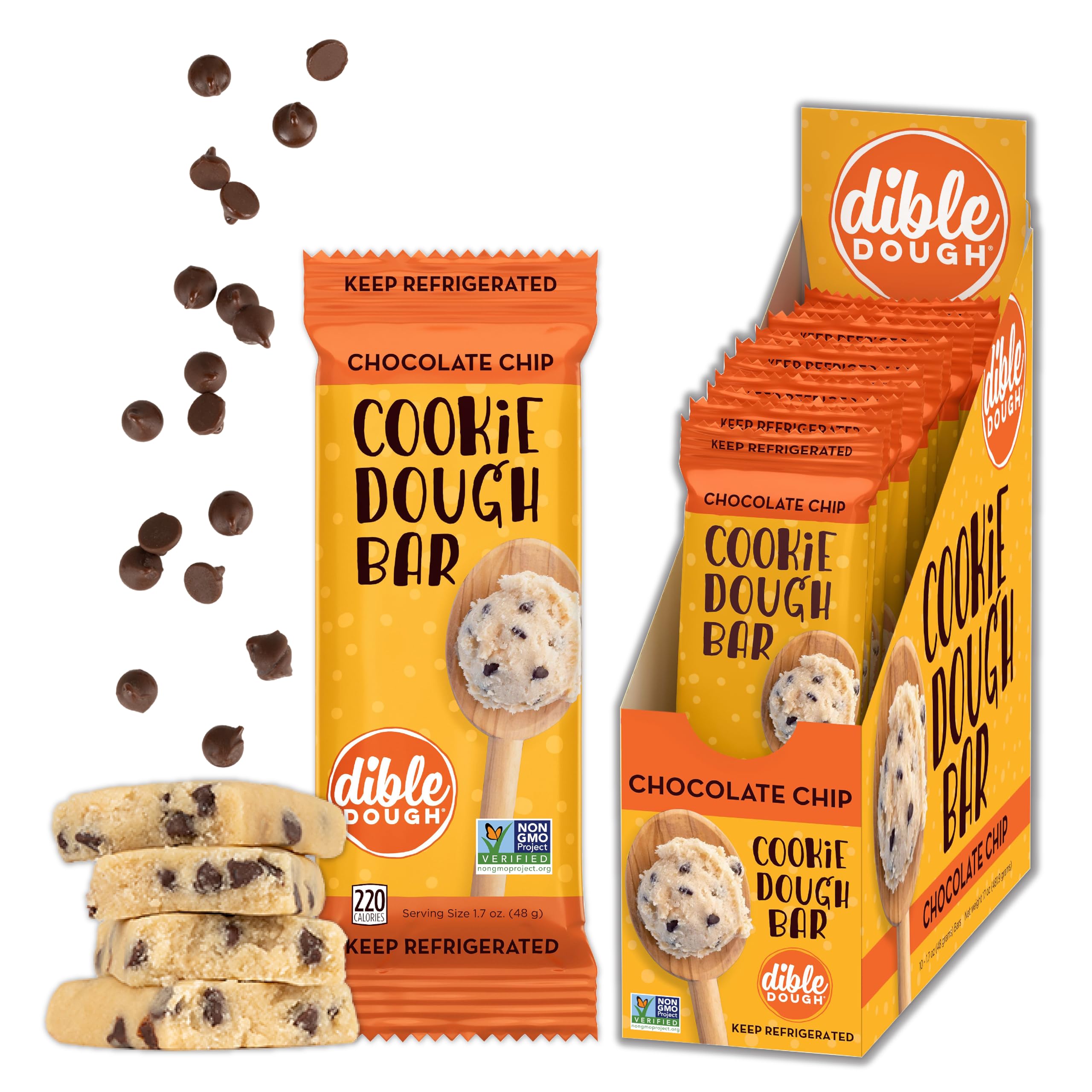 All-Natural Non-GMO Edible Chocolate Chip Cookie Dough Bars - Healthy Refrigerated Snack (10-Pack) | Perfect for School Lunches, Office Treats & Late-Night Cravings