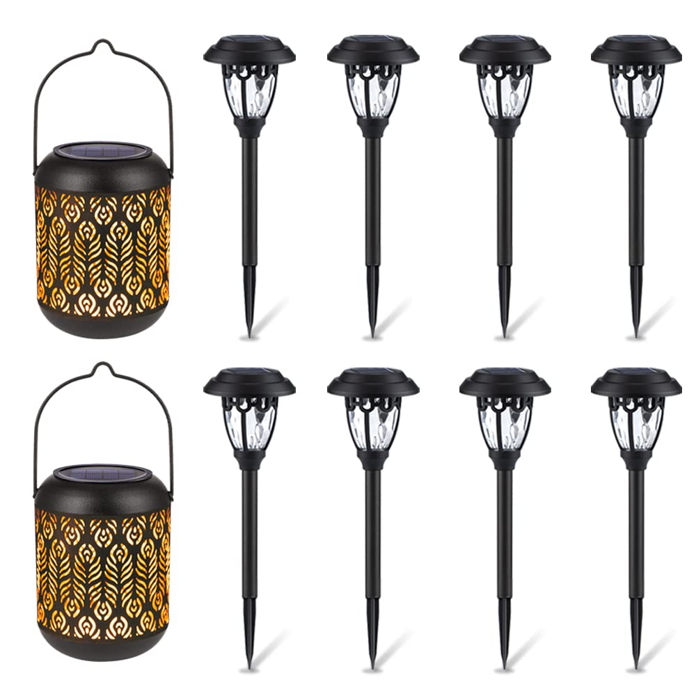 2 Pack Solar Lanterns & 8 Solar Pathway Lights - Waterproof Outdoor Solar Lights for Yard, Garden, Patio - Perfect for Walkways, Driveways, and Landscape Lighting