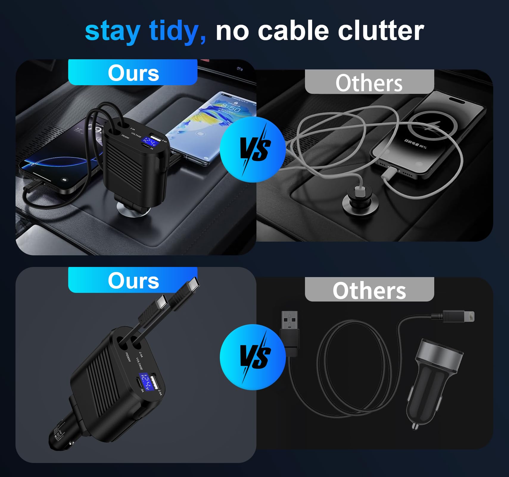 45W Fast Charging Retractable Samsung Car Charger - USB C 4-in-1 Adapter for iPhone 16/15 Pro Max, Galaxy S25/S24/S23/S22/S21/S20 Ultra FE/Z Flip/Fold 6, Google Pixel 9/8/7/6 Pro - Perfect for Road Trips & Daily Commutes