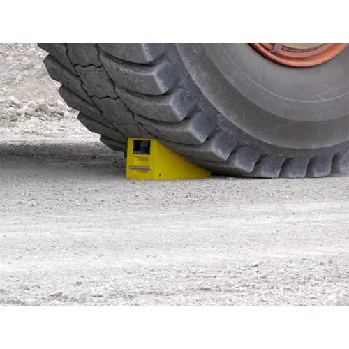 AME Yellow Polyurethane Wheel Chock with Handle for Trucks & Trailers (47-165 lbs Capacity) - Heavy Duty Vehicle Stabilization for Parking, Loading & RV Safety
