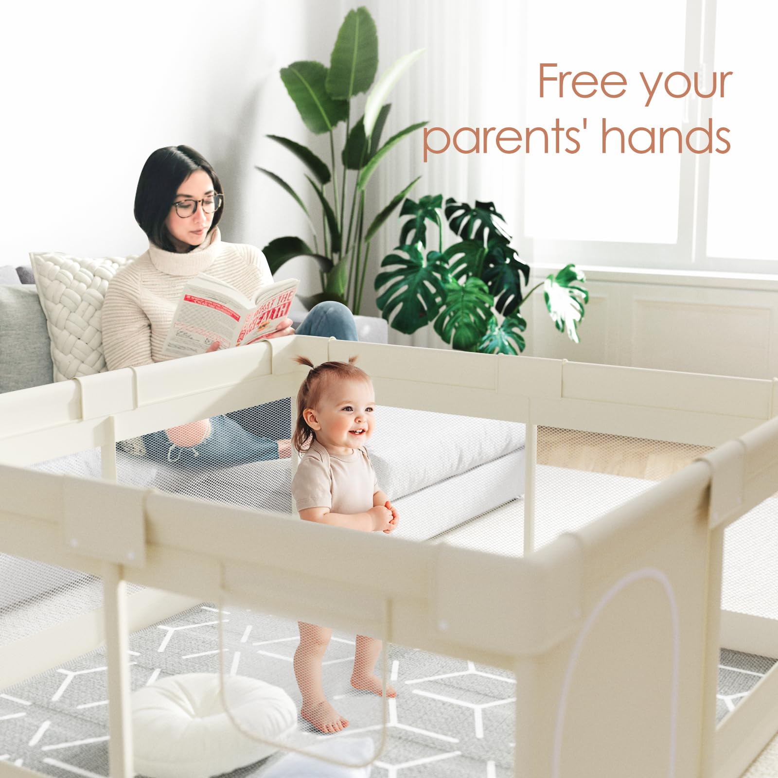 Fodoss Baby Playpen with Soft Mat - 47x47 Inch Portable Play Yard for Infants & Toddlers - Safe Play Area for Small Spaces, Apartments & Indoor Use - Beige Activity Center for Crawling & Playtime
