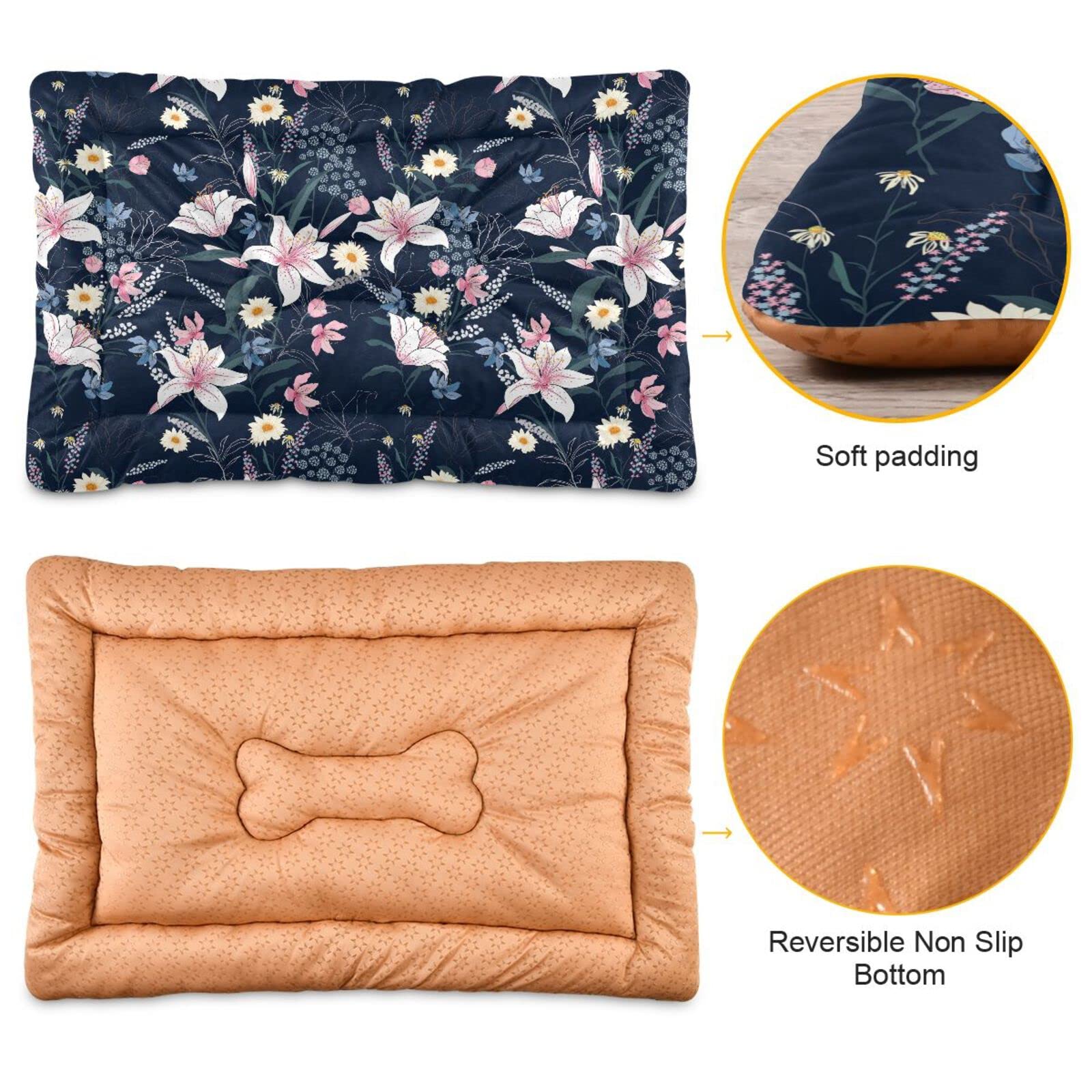 Ultra Soft Washable Pet Bed - Floral Lily Daisy Pattern Dog & Cat Crate Mat (24x18 Inches) - Fleece Kennel Pad for Comfortable Sleeping - Perfect for Crates, Carriers & Home Use