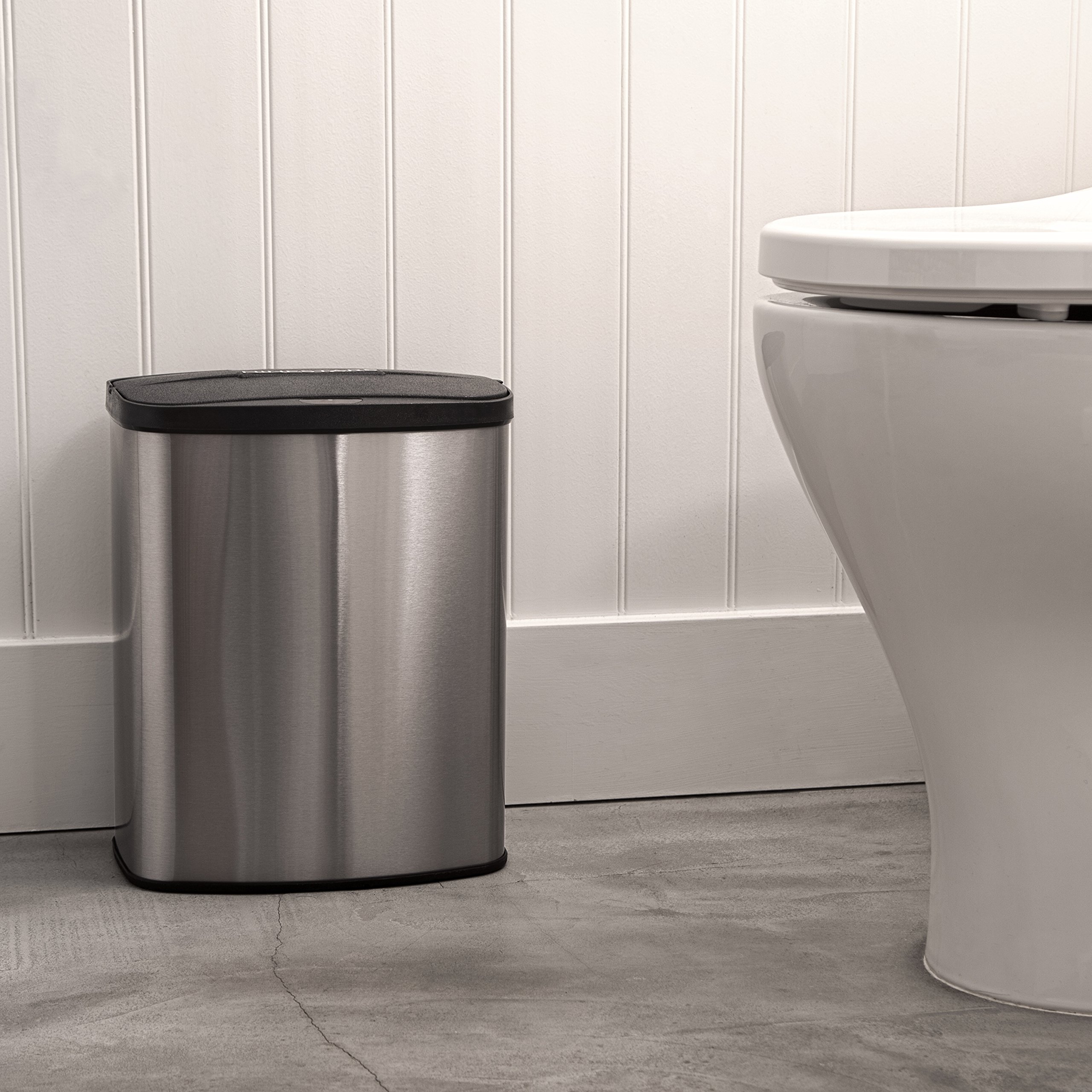 NINESTARS Automatic Touchless Infrared Motion Sensor Trash Can Combo Set - 13 Gal (50L) & 2 Gal (8L) Stainless Steel Base, Oval & Rectangular with Silver/Black Lid - Perfect for Kitchen, Bathroom & Office Waste Disposal