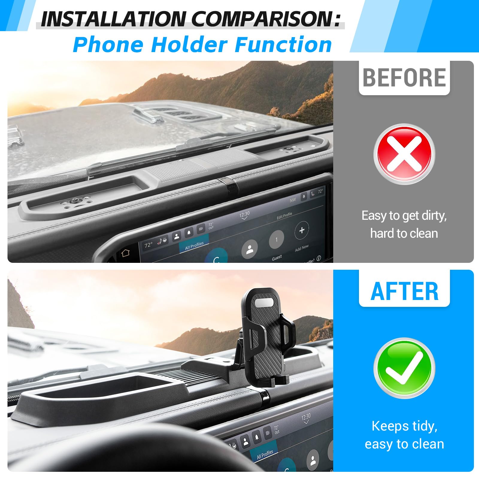 **2024+ Jeep Wrangler JL Dash Cell Phone Mount Holder with Dashboard Storage Tray - Multi-Mount Phone Holder & Interior Accessories (Not for JK 4XE Gladiator JT) - Perfect for Off-Roading & Daily Commutes**