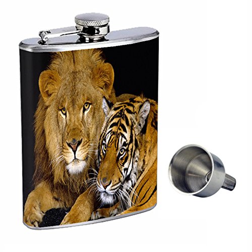 Premium 8oz Stainless Steel Whiskey Flask with Free Funnel - Lions Perfection Design - Leakproof & Durable for Outdoor, Travel, Camping & Gifts