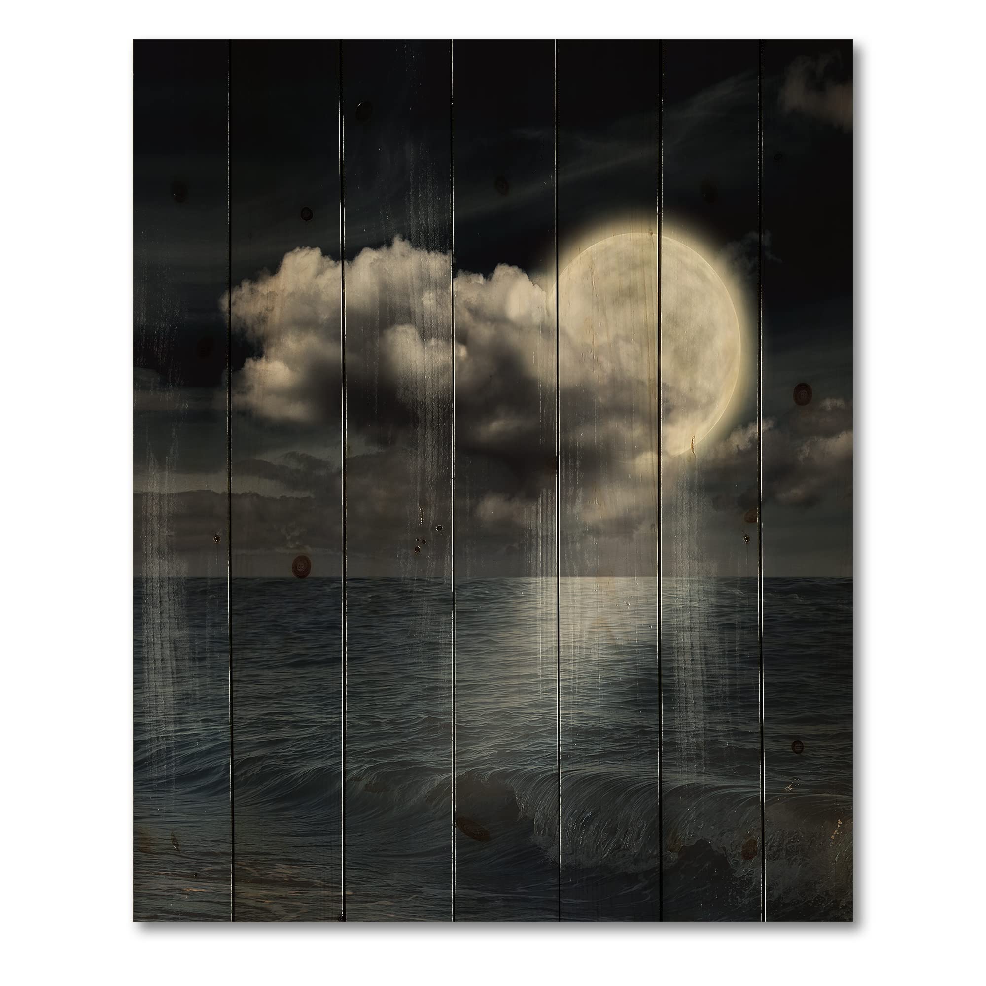 Full Moon Cloudy Night Sky Wood Wall Art - Coastal Decor for Living Room