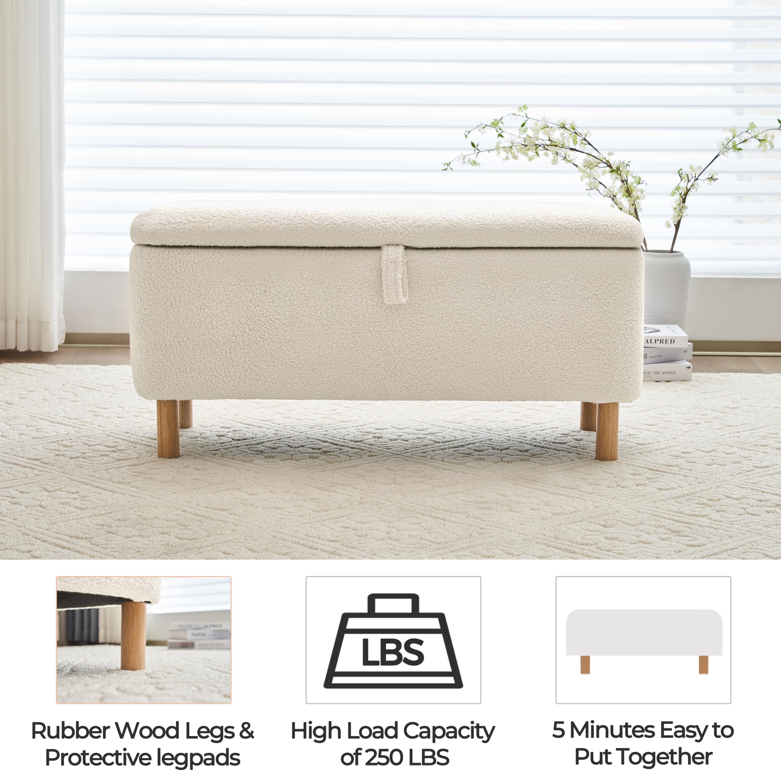 Sherpa Upholstered Boucle Storage Ottoman Bench - Multi-Functional Footrest, Shoe Storage & Blanket Chest for Bedroom, Living Room & Entryway (Off White) | Perfect for Small Space Organization & Cozy Home Decor