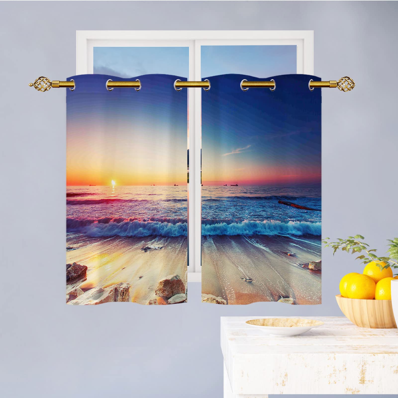 Ocean Wave Beach Curtains - Waterproof Dusk Print Window Drapes with Grommet Top, 27.5x39 Inch 2 Panels Set for Bedroom, Living Room & Kitchen Decor | Coastal Theme Home & Vacation Rental